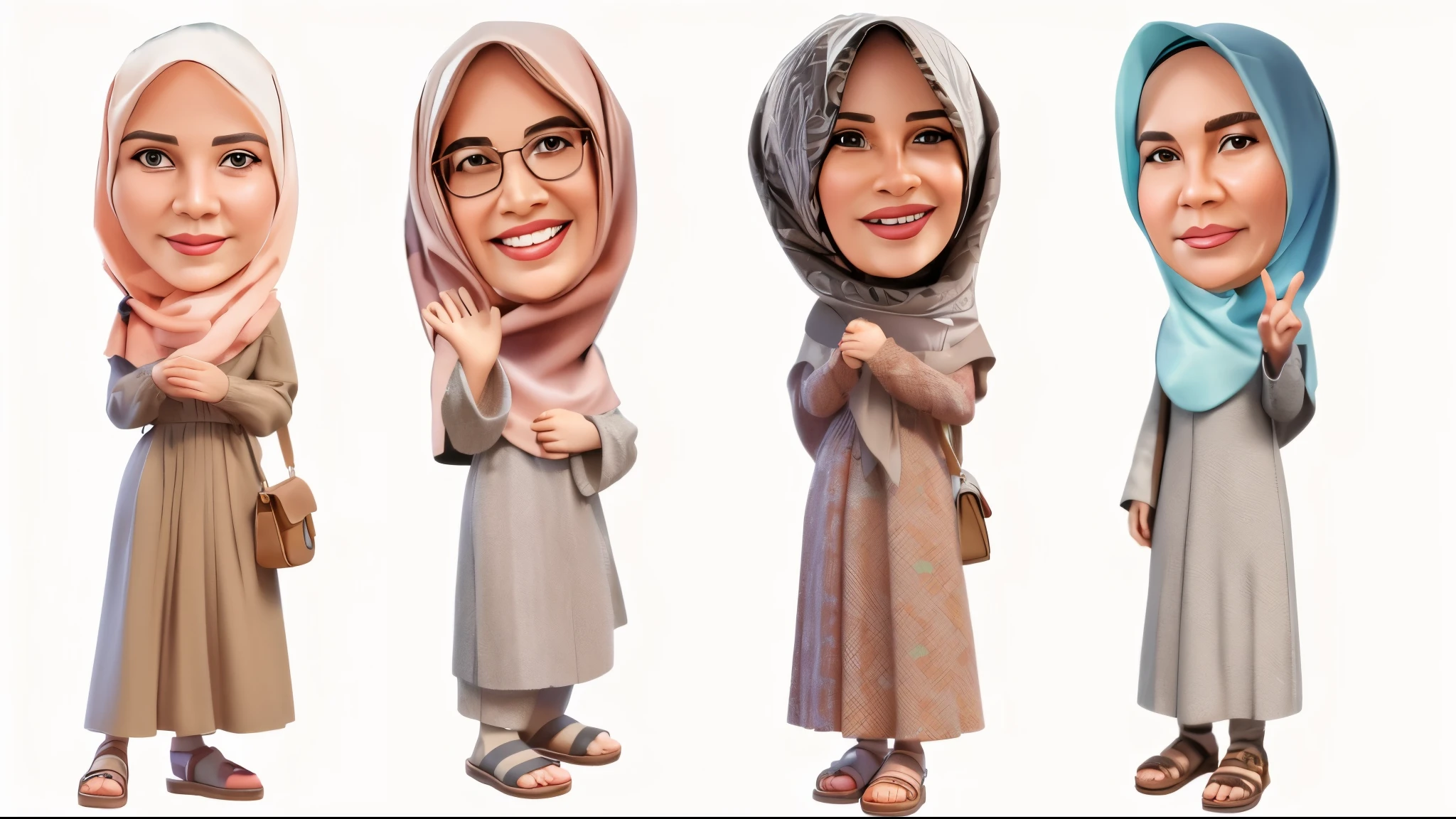 there are two women taking a studio photo. the woman on the left is sitting on a white block stand wearing a black hijab, a blue navy striped shirt, and black pants with her right leg stacked on the left. and wearing white framed sunglasses with black glass in a pose hugging the woman next to her from the side
and the woman on her right is sitting on a white block shorter than the woman on her left, wearing a black hijab, black overall pants and a white shirt with black stripes, wearing sunglasses with a pose showing teeth
change in cartoon animation