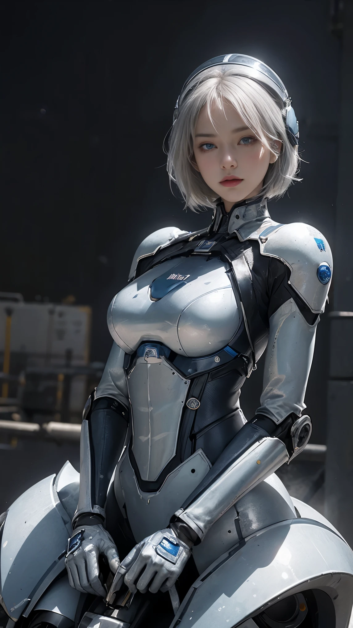 25 year old woman,Highest image quality, outstanding details, ultra-high resolution, (realism: 1.4), the best illustration, favor details, highly condensed 1girl, with a delicate and beautiful face, dressed in a blue and silver mecha, wearing a mecha helmet, holding a directional controller, riding on a motorcycle, cool beauty,tall girl,short hair,silver hair,Precisely expresses details such as face and skin texture,beautiful eye, blue eye,double eyelid,delicate skin,slender body shape,alone,big breasts,the background is a high-tech lighting scene of the future city.