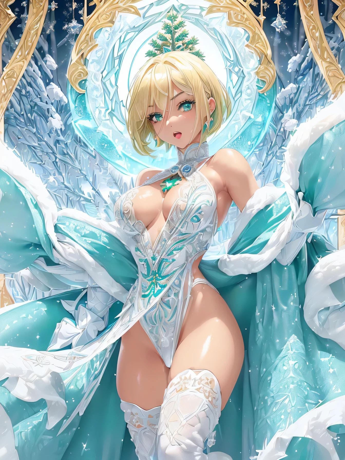 cute elf,((anime elf with extremely cute and beautiful blond hair)),((((blond hair:1.35,undercut blond hair,short hair,colored inner hair,ear breathing)))),(((green_eyes:1.3))),intricate eyes,beautiful detailed eyes,symmetrical eyes,big eyes:1.5,enchanting bright eyes studded with gold and silver dust,(((pinky skin,glowing_skin,lustrous skin:1.5,bright skin: 1.5,skin tanned,shiny skin,very shiny skin,shiny body,plastic glitter skin,exaggerated shiny skin,illuminated skin))),upward breasts,(detailed body,(detailed face)),cute,daring,zettai ryouiki,show skin,best relationship with four fingers and one thumb,((girl trembling with sexual climax))
Break (((aqua fur coat, aqua fur coat outfit, wearing a ice dress:1.3,aqua winter coat))), ((ice dress,elegant ice dress)),(white gloves,white clothes,(((intricate outfit,intricate clothes,embroidered outfit,ornate outfit,embroidered clothes,ornate clothes))),(dynamic pose:1.0),embarrassed,(centered,scale to fit dimensions,Rule of thirds),((snowy pine forest)),winter,scenery:1.25,((intricate scenery)),((snow forest background)),(Glossy winter ornaments),highres,sharp focus,(ultra detailed,extremely detailed),(photorealistic artwork:1.37),(extremely detailed CG unity 8k wallpaper),(((vibrant colors,vibrant theme))),(intricate),full body,(perfect body),standing,One woman.Forehead. Bob cut. Plain appearance. Talented. She is studying well. she is angry Wrinkles between the eyebrows. naked. Creampie. pubic hair. Semen is overflowing from her vaginal opening. Her pussy is being opened with both of her hands. Spread your legs. Raising her legs.