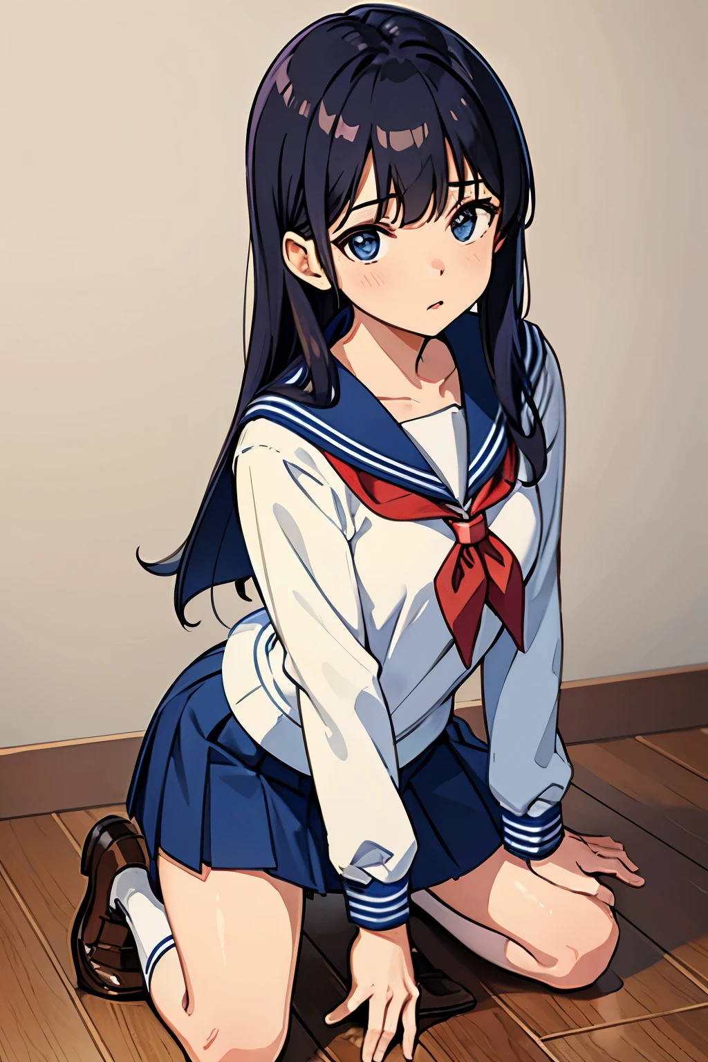 Wearing school uniforms,Sailor suit,blue clothes,Kneeling on the ground,Wearing brown leather shoes,whole body,blank background