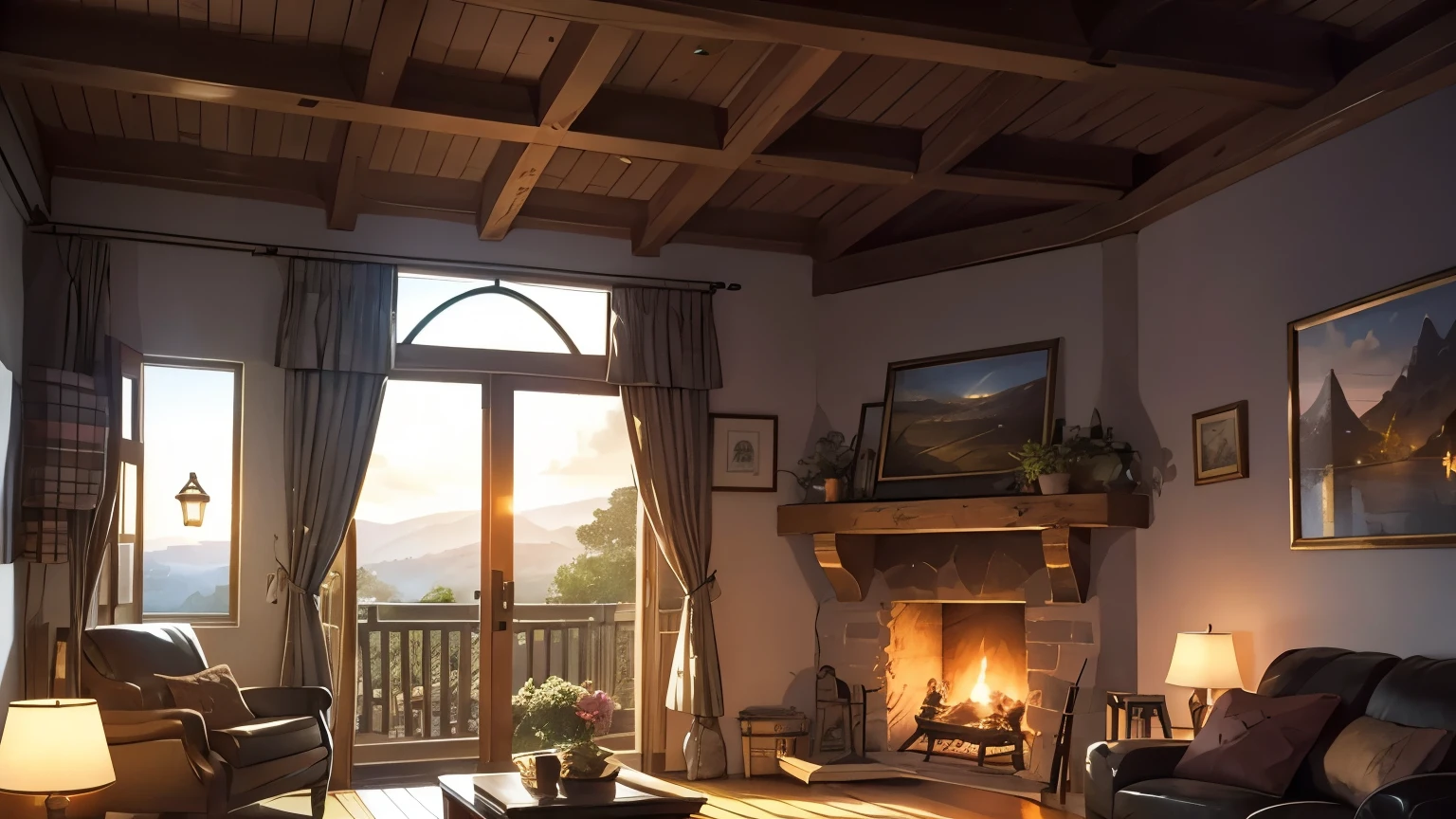 Step into a world where warmth permeates every corner, and the embrace of nature beckons with comforting familiarity. In the enchanting style of Makoto Shinkai's iconic artwork, envision a cozy landscape that exudes tranquility and solace. Picture a quaint countryside cottage nestled amidst a sea of vibrant foliage, its chimney emitting tendrils of smoke that dance lazily against the backdrop of an azure sky. As the golden light of the setting sun bathes the scene in a soft, amber glow, imagine the inviting glow of lamplight spilling from the cottage windows, promising refuge from the chill of the evening air. Let your imagination roam freely through this idyllic setting, where the rustling of leaves and the distant hum of wildlife form a symphony of serenity. Whether it's the inviting warmth of a crackling fireplace or the gentle patter of rain against the windowpanes, let each detail evoke a sense of coziness and contentment, inviting viewers to linger and bask in the simple joys of life
