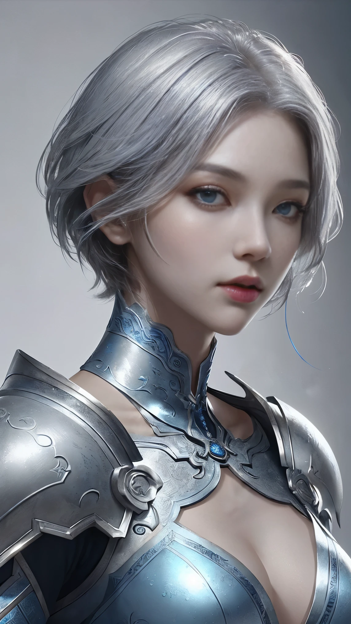 a close up of a woman in a silver and blue dress, chengwei pan on artstation, by Yang J, detailed fantasy art, stunning character art, fanart best artstation, epic exquisite character art, beautiful armor, extremely detailed artgerm, detailed digital anime art, artgerm on artstation pixiv, armor girl,cool beauty,tall girl,short hair,silver hair,Precisely expresses details such as face and skin texture,beautiful eye, double eyelid,delicate skin,slender body shape,alone,big breasts,