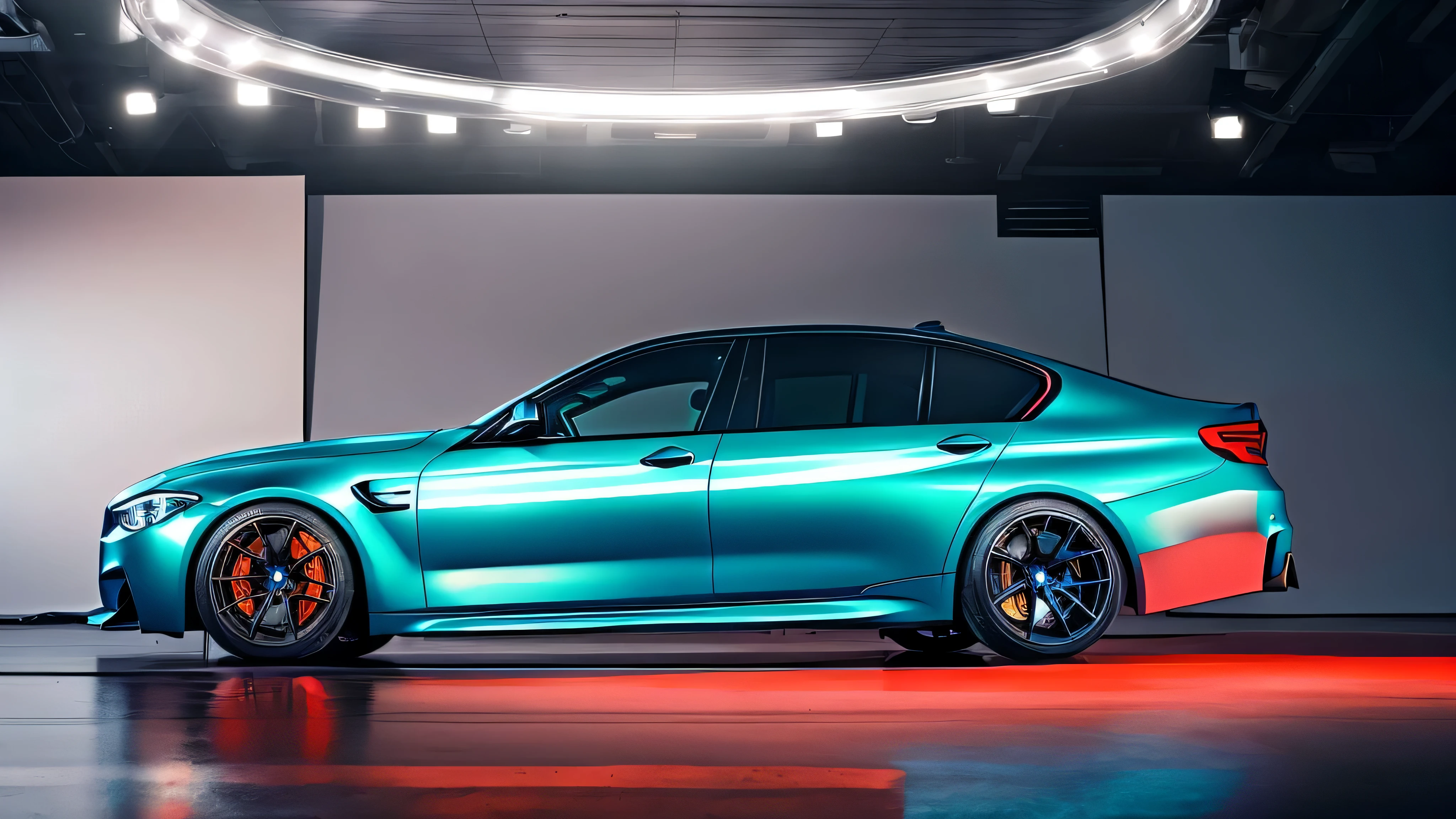 red bmw m5 car in a photoshoot studio with wite floor , teal and orange lights mood