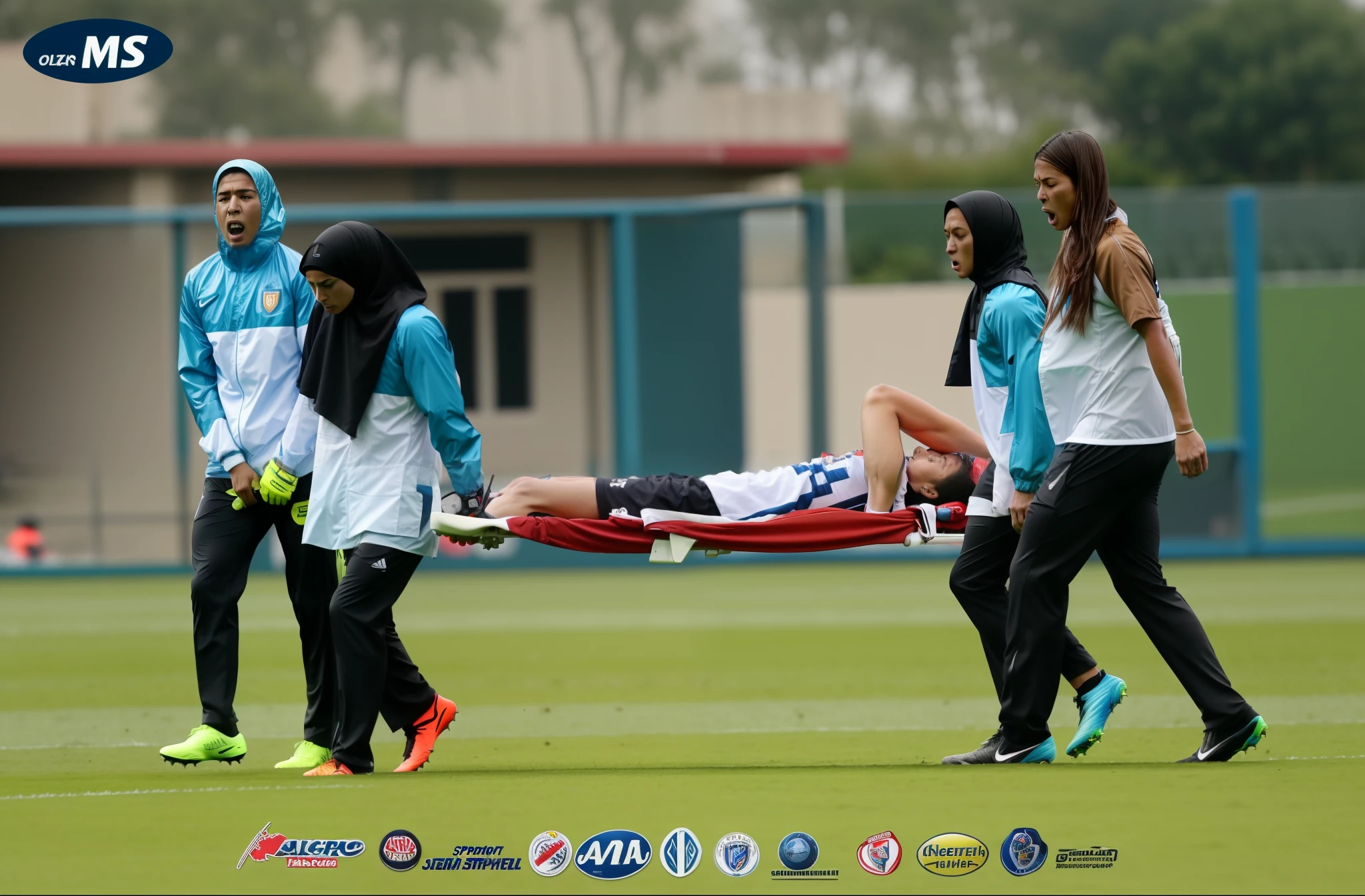 veiled malaysian women are carrying a stretcher, malaysian women carry a stretcher, a soccer scene in a sports stadium, cool and wet weather conditions, humide ground, rainy sky, injury scene in a sports stadium, stretcher carry, there are four female medics carrying a stretcher, there are four female medics in very shiny coats who are carrying a stretcher in a sports stadium, there is a wounded male soccer player in a matte short cotton sports outfit lying on the stretcher, an injured male soccer player in matte cotton sportswear is lying in pain on a stretcher, a soccer player in matte cotton sports clothes is rearing up in intense pain while lying on a stretcher, dramatic scene, theatralic posing scene, dramatic pity scene, injury soccer, first aid, help, pity, there are four female medics in wetlook high-shine coats who are looking very sad and very terrified and very shocked, the injured soccer player is screaming out in pain while he is carried from the pitch on a stretcher