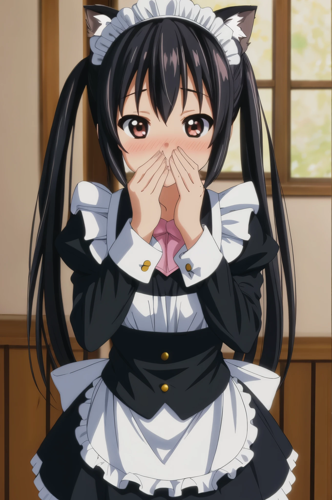 ''(((1boy))), aster nemesis, dark-skinned female, black hair, very long hair, yellow eyes, flat chest , twin tails,(((looking below))), , , tanned body,, ,,,,(((Sweating))),,(spoken heart),(((maid costume))),miniskirt,thighhighs,,mansion,(((fellatio))),,from above,pov