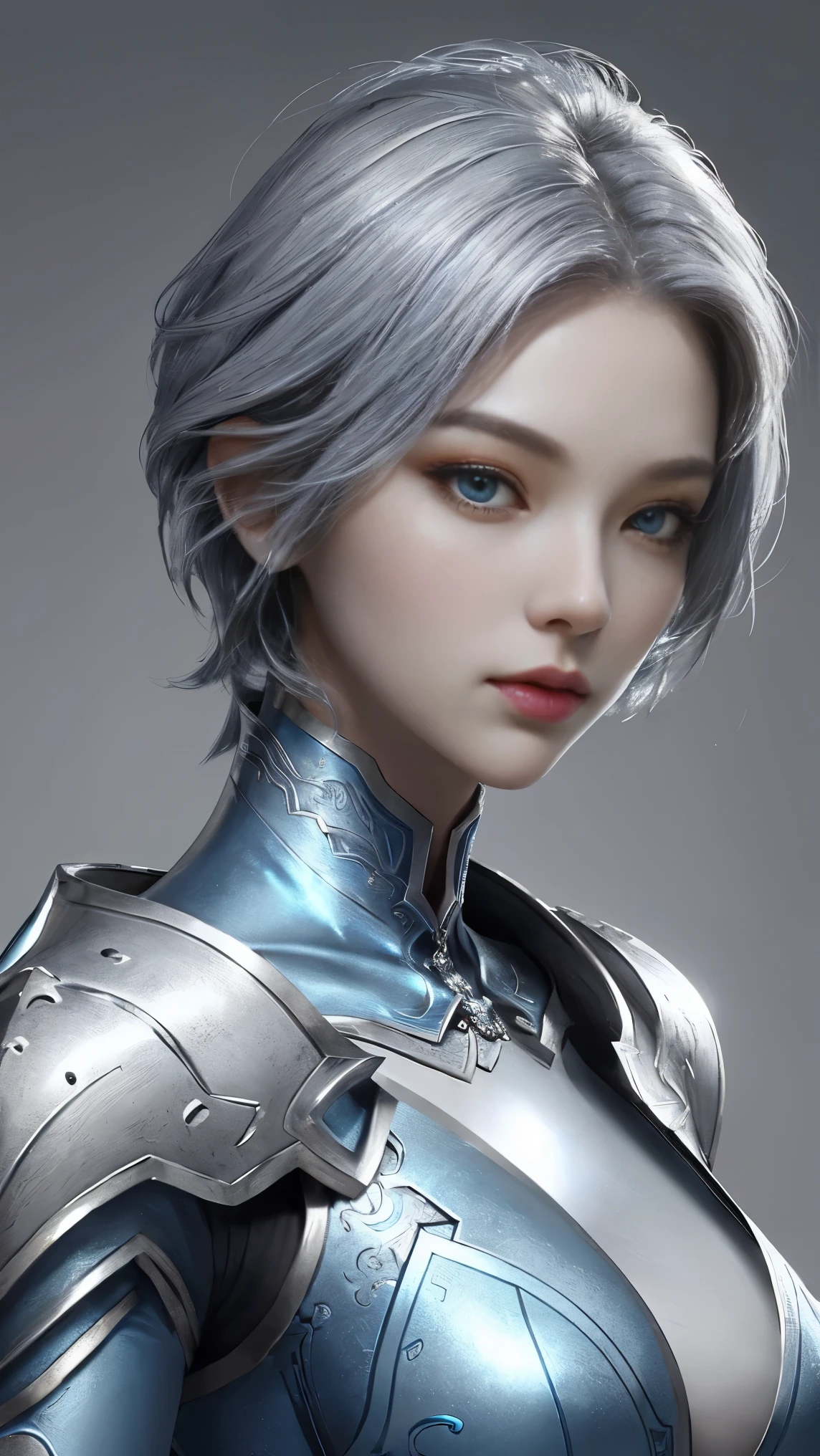 a close up of a woman in a silver and blue dress, chengwei pan on artstation, by Yang J, detailed fantasy art, stunning character art, fanart best artstation, epic exquisite character art, beautiful armor, extremely detailed artgerm, detailed digital anime art, artgerm on artstation pixiv, armor girl,cool beauty,tall girl,short hair,silver hair,Precisely expresses details such as face and skin texture,beautiful eye, double eyelid,delicate skin,slender body shape,alone,big breasts,