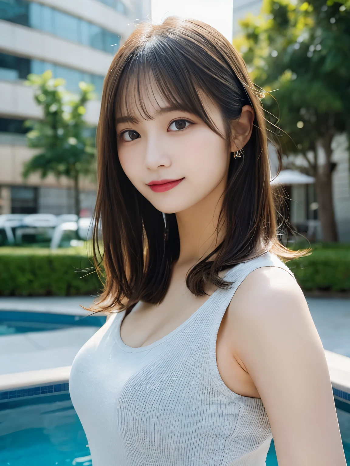 muste piece, best quality, illustration, Super detailed, fine details, High resolution, 8K Dende Wallpaper, perfect dynamic composition, beautiful detailed eyes, she is wearing a silver tank top,medium hair,natural color lip, shy smile,Harajuku style、20 year old girl、There is only one person, bust up photo、don't tilt your head、correct posture、stretch your back、Never show your hands、stand up straight、cute type、looking at camera、C cup breasts、golden hair、I won't touch you、Blurred night pool background