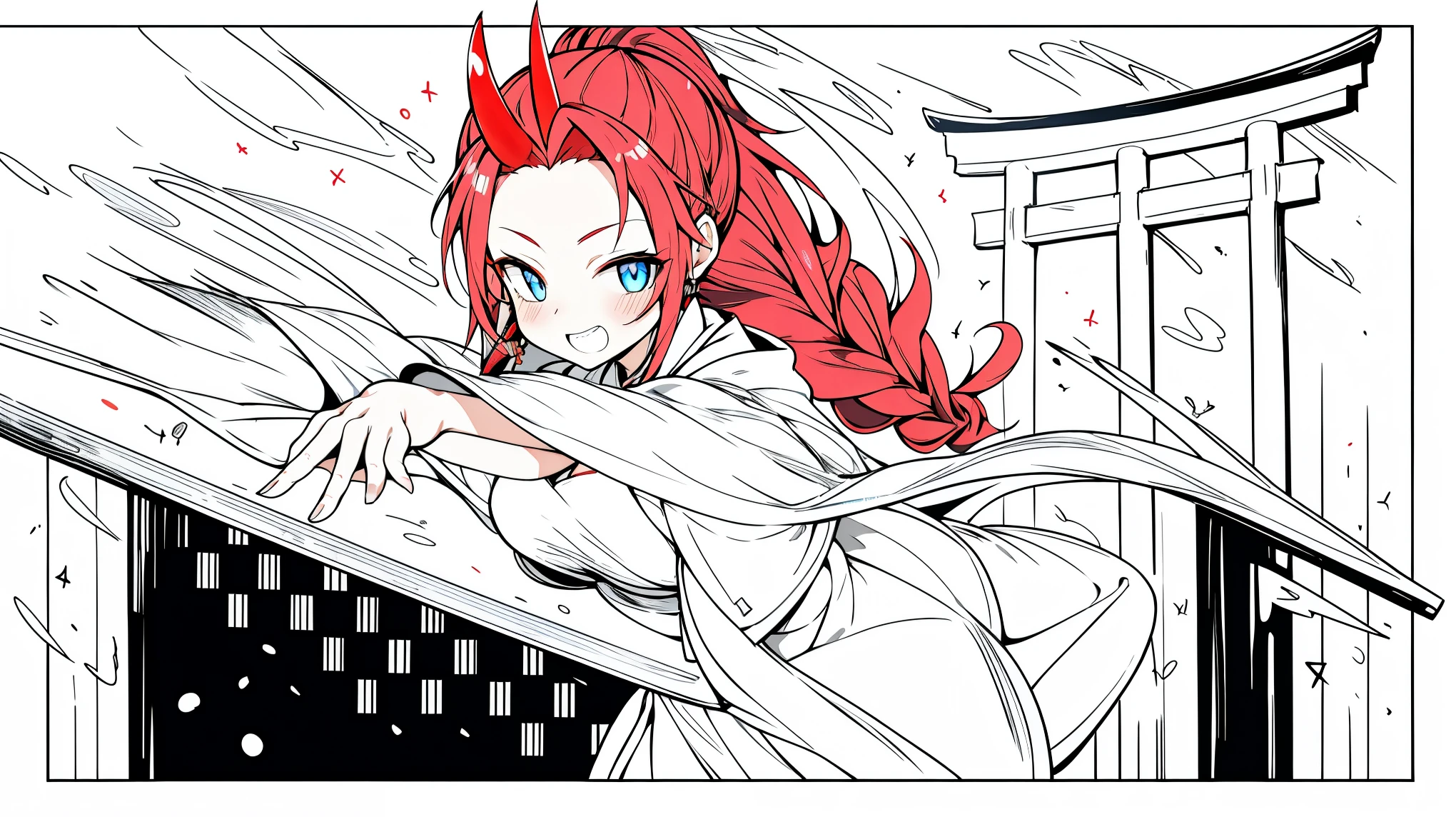 ((masterpiece:1.4, best quality))+, (Ultra-detailed)+, (delicate eyes:1.5)+, (white龙 Horn:1.5), (cute girls), (sky blue eyes:1.5), extra long hair, Braided edges on both sides, (Variza:1.2), 肤色苍white, (红white女巫服装:1.5), (Red ribbon, white:1.4), dense teeth, metal chain, club, shrine, Torii, (japanese priestess:1.1), (Dawn light:1.2), ), (Close-up cleavage:1.1), (elevation perspective:1.3), fingersmile, light blush, forehead gem, Colored inner hair, striped hair, dark red hair, from behind, divine light,white龙