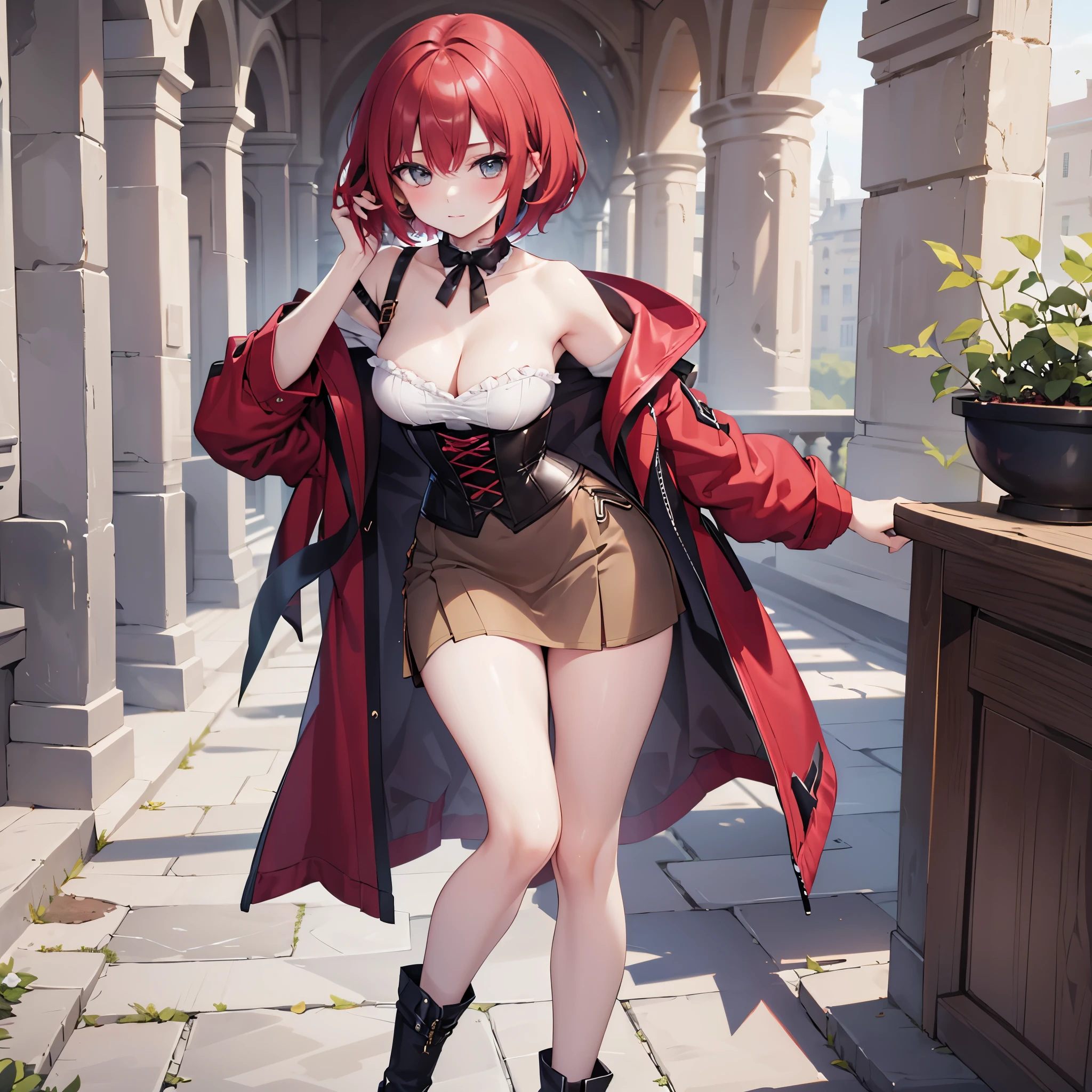 (solo 1 skinny young girl :1.2), the middle ages, (red s hair:1.3), (short dress:1.2), (plunging neckline), wiry corset (emphasize cleavage), very short torso, (inconceivably thin narrow waist), short (brown capelet), BREAK, (very short brown skirt:1.2), emphasize thigh gap, (thin long legs), BREAK, (12th Century Europe)