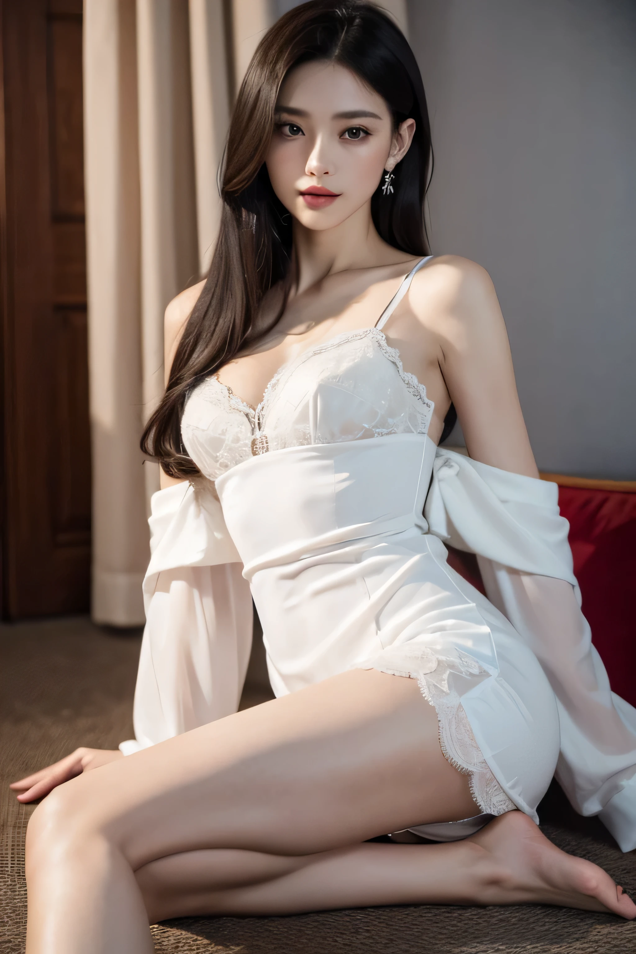 Royal sister,exquisite eyes,Detailed faces,mature face,mature body,tall figure,Alluring figure,Leg length,4k,HD,long black hair,medium sized breasts,Sensual,(White semi transparent underwear,lace,Tight,one shoulder。uniform clothing,)Good face shape,Little cherry mouth,beautiful and delicious(3D royal sister),exquisite dress,Metallic feeling