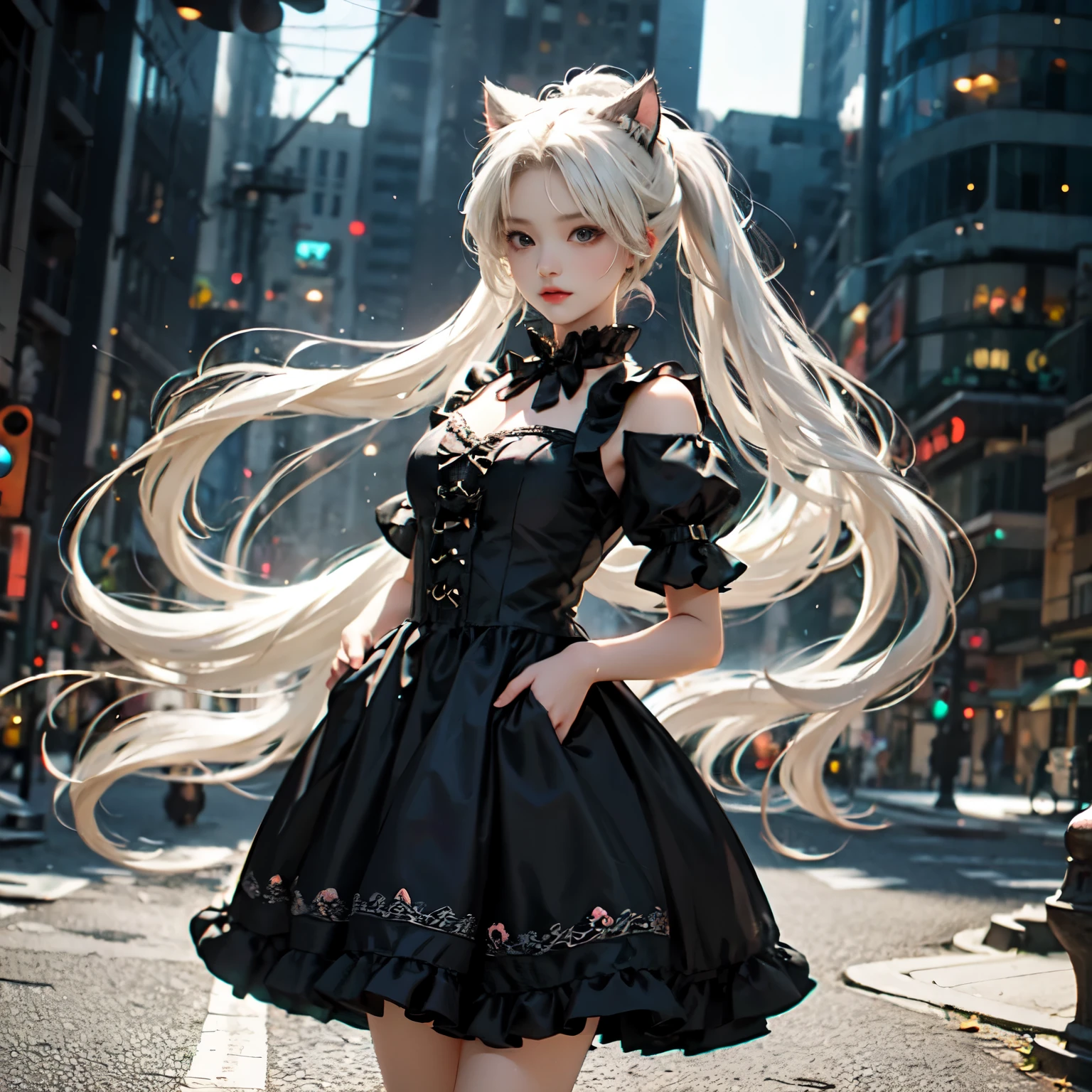 double ponytail,double ponytail,Black Lolita dress,Cat ear,loli,white hair,standing posture,animation,full-body shot