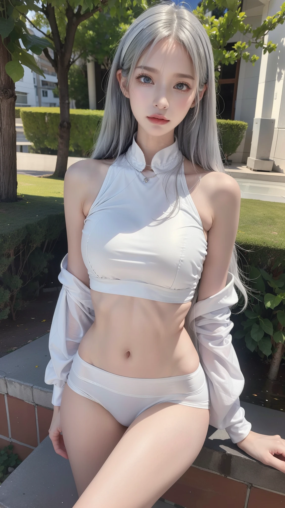 ((Realistic lighting, best quality, 8k, masterpiece: 1.3)), clear focus: 1.8, 1 pretty girl, perfect beauty: 1.4, Slim abs: 1.1, ((light silver hair)), Exquisite facial features, White tight hollow top, fantasy fourteen, Transparent white tight shorts, slim figure, (outdoor, night: 1.1), park view, Super thin face, beautiful eyes, double eyelids,