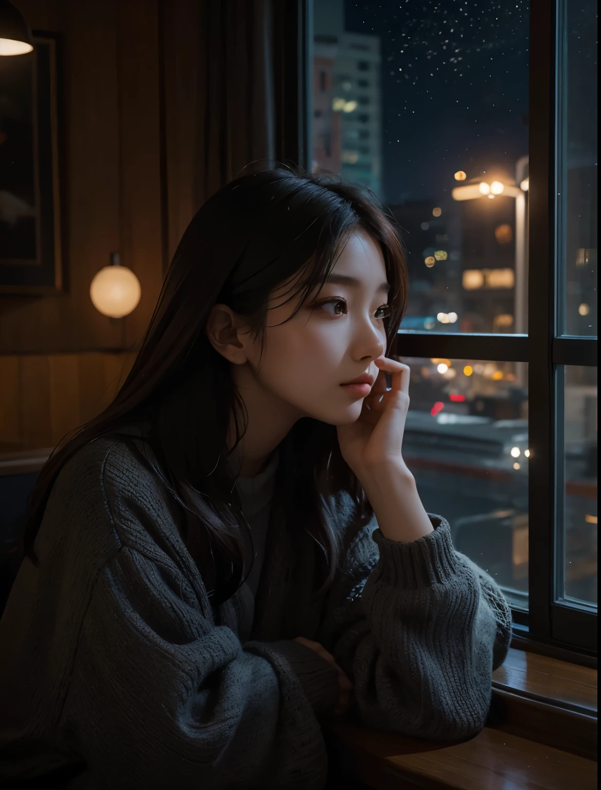 The time is night. A beautiful woman sits by the window in a restaurant and looks out the window. Twenty years old. Dark brown hair. There is a view of the suburbs outside the window. The woman looks a little lonely. Upper body close-up image.