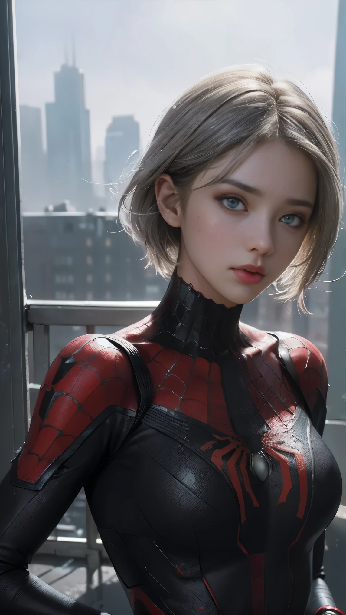 (1girl:1.3), Solo, (((Very detailed face)))), ((Very detailed eyes and face)))), Beautiful detail eyes, Body parts__, Official art, Unified 8k wallpaper, Super detailed, beautiful and beautiful, beautiful, masterpiece, best quality, original, masterpiece, super fine photo, best quality, super high resolution, realistic realism, sunlight, full body portrait, amazing beauty, dynamic pose, delicate face, vibrant eyes, (from the front), She wears Spider-Man suit, red and black color scheme, spider, very detailed city roof background, rooftop, overlooking the city, detailed face, detailed complex busy background, messy, gorgeous, milky white, highly detailed skin, realistic skin details, visible pores, clear focus, volumetric fog, 8k uhd, DSLR, high quality, film grain, fair skin, photo realism, lomography, futuristic dystopian megalopolis, translucent,cool beauty,tall girl,short hair,silver hair,Precisely expresses details such as face and skin texture,beautiful eye, double eyelid,delicate skin,slender body shape,alone,big breasts,