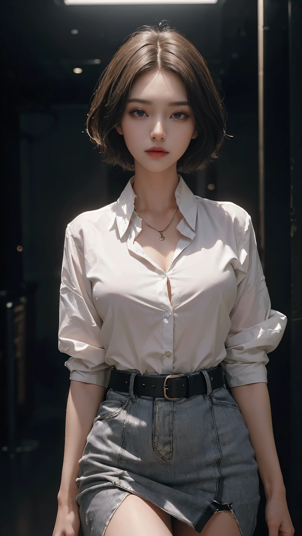 25 year old woman,(Best quality, High resolution, Masterpiece :1.3), A tall and pretty woman, Slender abs, Breasts, Wearing pendant, White button up shirt, Belt, Black skirt, (Modern architecture in background), Details exquisitely rendered in the face and skin texture, Detailed eyes, Double eyelid,cool beauty,tall girl,short cut hair,Dark brown hair,Precisely expresses details such as face and skin texture,beautiful eye, double eyelid,delicate skin,slender body shape,alone,big breasts,whole body ,