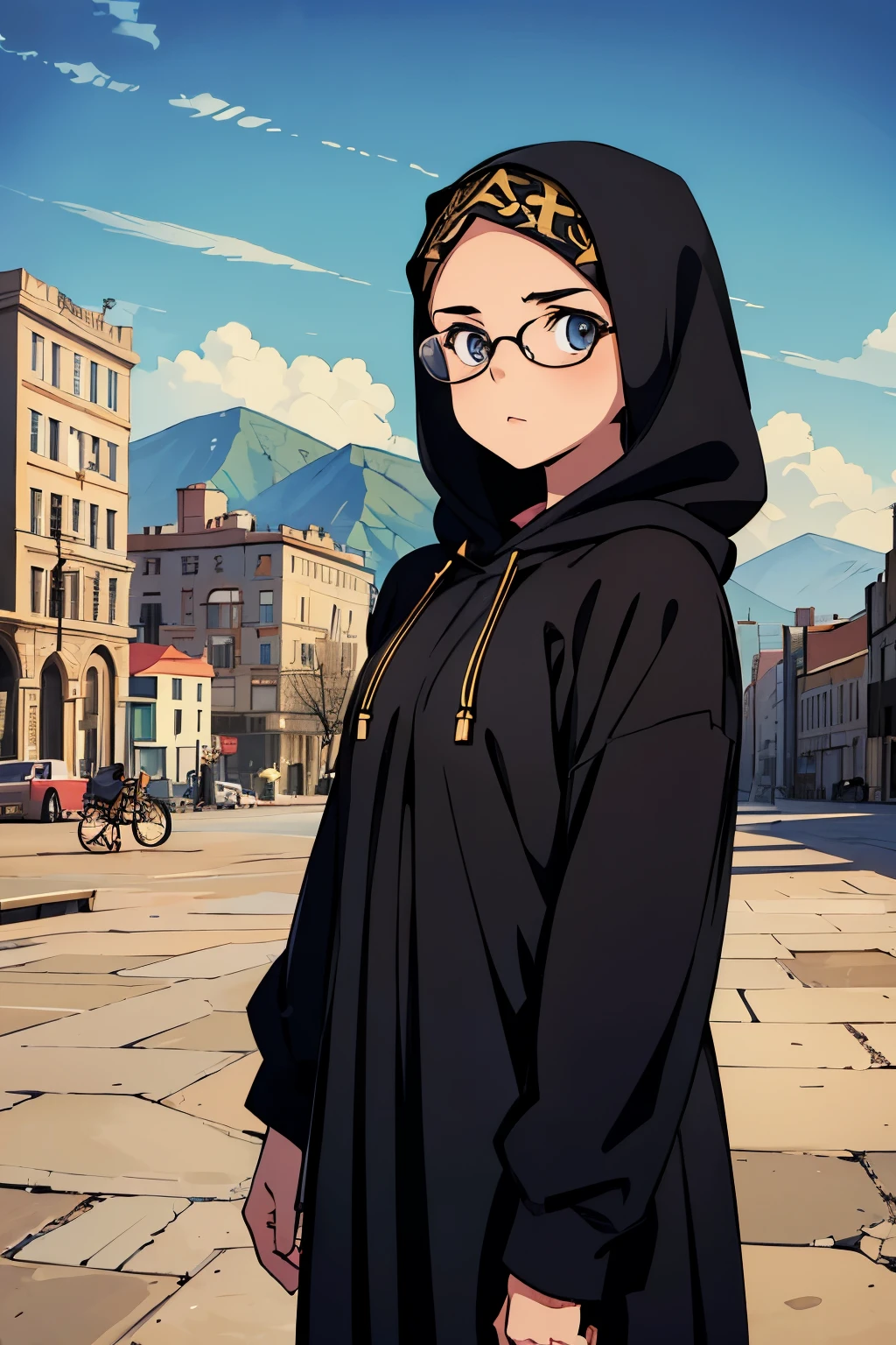 (Best quality:1.1), (Masterpiece:1.4), (Illustration fantastique:1.2), 1fille, cute girl, A , wearing an Arabic hijab, black patterned clothes, and eyeglasses, She wears a hoodie, A ruined city in the background