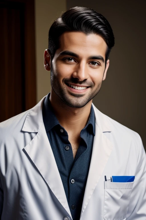 RAW photo in sequence, a portrait of a young doctor, na trinta, ((head and shoulder, sorridente)), black hair with some detached follicles, wearing a bloodstained medical jacket, funny smile and look, realista, hiper-realista, ultra-realista, cinematic.

This sequence of RAW photos captures a young doctor in his thirties. His black hair with strands falling down frames a mischievous smile and a playful look. The photos show his entire head and shoulder area, and
