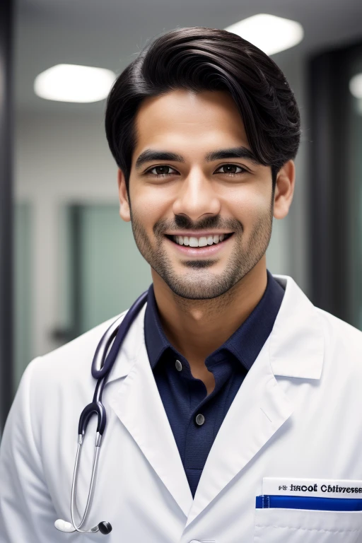 RAW photo in sequence, a portrait of a young doctor, na trinta, ((head and shoulder, sorridente)), black hair with some detached follicles, wearing a bloodstained medical jacket, funny smile and look, realista, hiper-realista, ultra-realista, cinematic.

This sequence of RAW photos captures a young doctor in his thirties. His black hair with strands falling down frames a mischievous smile and a playful look. The photos show his entire head and shoulder area, and