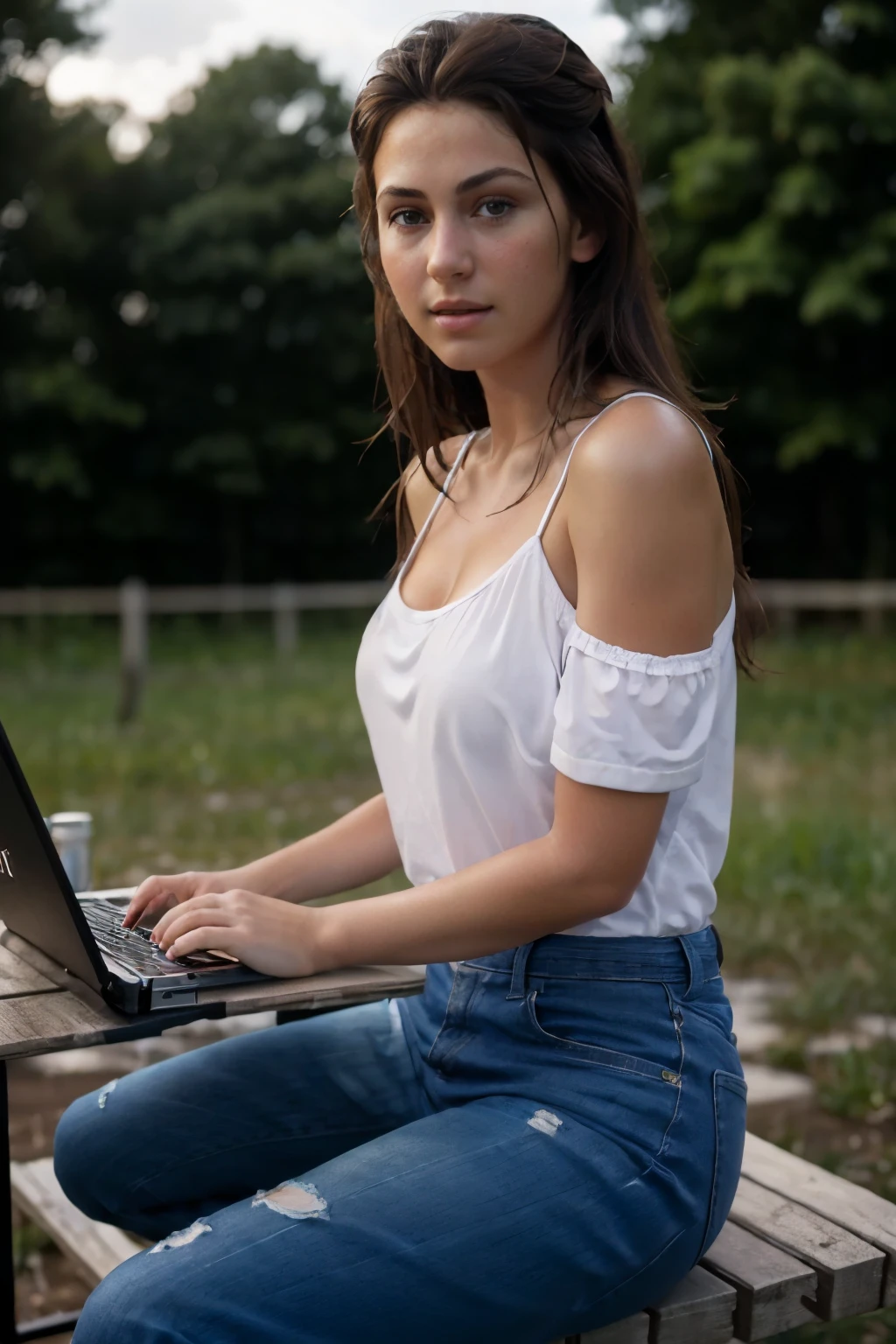 
(best quality:1.4), (ultra high resolution:1.2), (Fotorealistisch:1.4), (8 Tausend, RAW-Foto:1.2), 1girl, Photo of a brunette girl in casual clothes, outside, upper body, Haare in einem Dutt, posieren, playing computer game