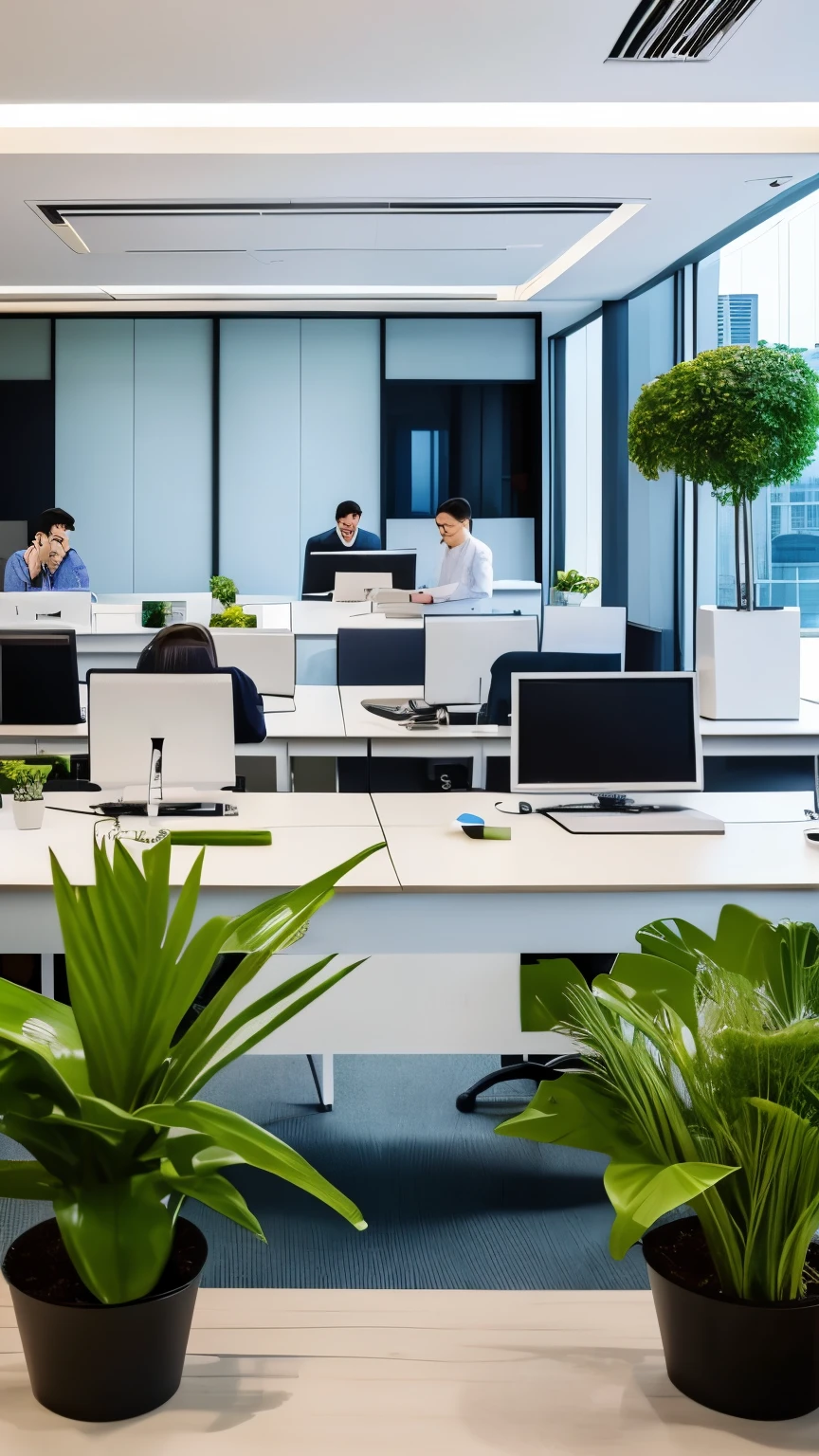 High-end office shooting,have、desk、office、air conditioner、water dispenser、Floral plants、some people at work、some people talking、Some people are brainstorming in a meeting,Fresh and sunny style