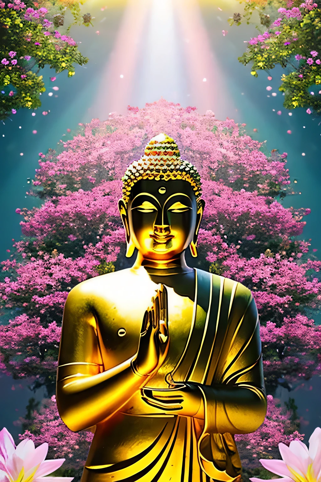 Buddha statue Buddha looking here bright background halo is shining upper body only hold hands facing forward realistic illustration The entire screen is surrounded by flowers