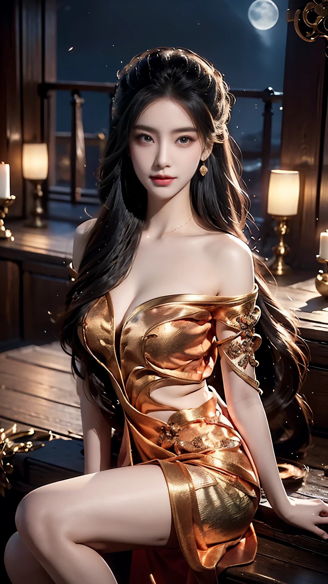 ylj, (masterpiece, best quality:1.2), 1 girl, alone, ((off shoulder clothes)), ((night)), lantern, candlelight, deep in wonderland,The moonlight falls like water,foggy room,The figure of the heroine is vaguely visible,Just like the fairy in the painting,Slender sexy legs,very nice legs,Show off sexy legs,big breasts,美丽而又带着一丝mystery的色彩。Her face is beautiful and delicate,Like finely carved jade,Showing otherworldly beauty。Picturesque eyebrows,The waves in my eyes are like twinkling stars,Show the light of perseverance and wisdom。The bridge of the nose is straight,Lip color like cherry,The slightly raised corners of the mouth reveal confidence and calmness。her face is chiseled,Skin as fair as jade,Reveal a healthy glow,Just like fairies, She never eats fireworks in this world。Her makeup is light and delicate,Not too much embellishment,But enough to show her temperament and charm。Light-colored foundation brings out the transparency of the skin,A light eyebrow pencil outlines her perfect eyebrow shape,Eye makeup is eye shadow and eyeliner,Make her eyes brighter and more energetic。嘴唇涂上grace的口红,Adds a bit of charm and sophistication。她的衣服grace别致,Clothes fluttering,It seems like it will be blown up by the wind at any time,drifting into the distance。既不失grace,Also showed off her extraordinary skills。Swinging with her movements。Her hair is tied back casually,Secure it with a hosta,A few strands of hair are fluttering gently in the wind,Adds a bit of softness。Her figure is looming in the fairyland,宛如一道big breasts美丽的风景线,Attracted everyone's concern。She seems to be a fairy in wonderland,big breasts美丽、grace、mystery、and full of power。