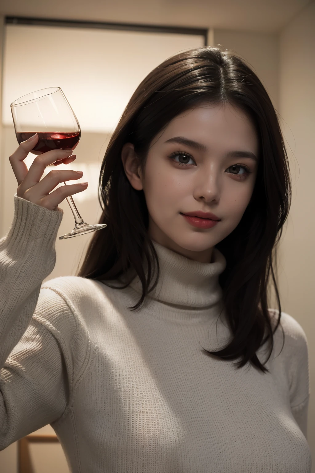 highest quality, masterpiece, (realistic:1.4), 1 girl, light smile, red turtleneck sweater,No sleeve, Upper body, dramatic lighting, Cheers with a glass from below,