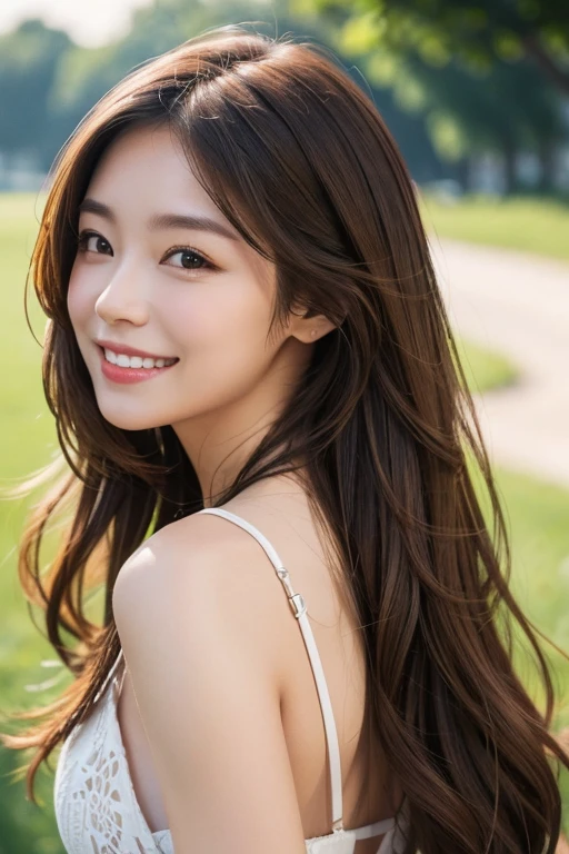 real smile place the back of your hand on your chin high resolution brown hair long hair natural makeup