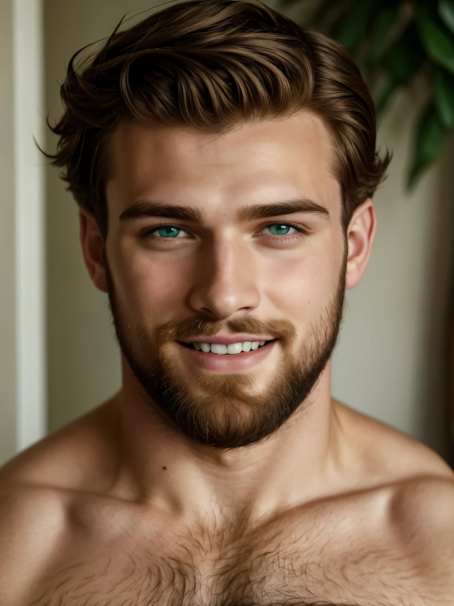 Hyperdetailed photography, soft light, portrait, cover, topmodel, hiperrealism, perfect face, pale skin, boy, curly short Brown hair, green eyes, sexy, smiling, 24 years old, Big Lips, Athletic body, little beard, hairy, masculinity, sexual, gay porn actor, perfect body