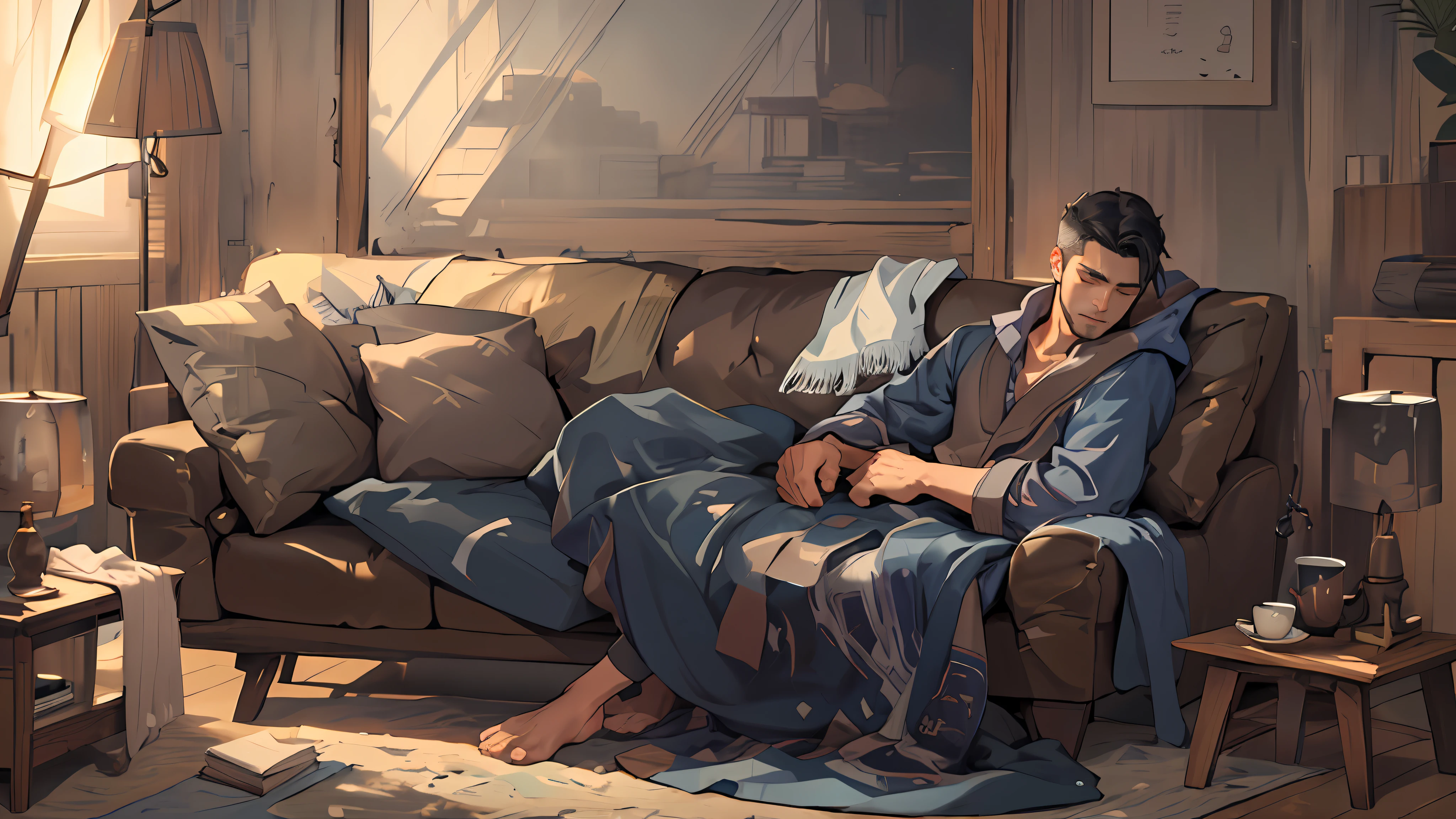 "A man sleeps quietly on the sofa by the window, Wrapped in a cozy blanket, When the soft light of dawn illuminates the room. Tranquil atmosphere with a touch of fantasy. Make this masterpiece a creation of the highest quality.