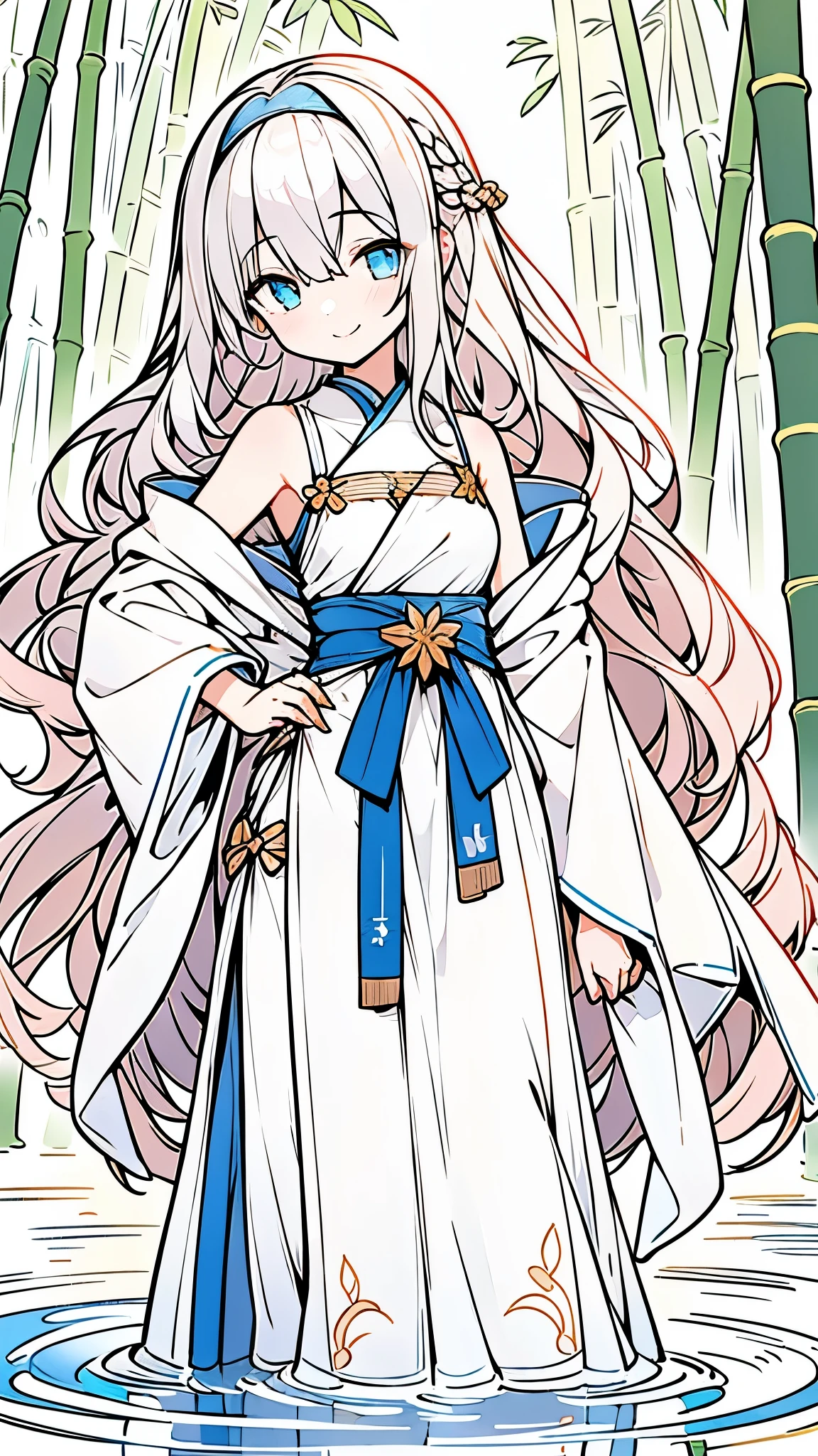 masterpiece, best quality, official art, 8k wallpaper, Very detailed, illustration, 1 girl, Azure hair, long hair, delicate eyes, Forrest, bare shoulders, Hanfu,lake, pure, gentle smile,bamboo,Tea