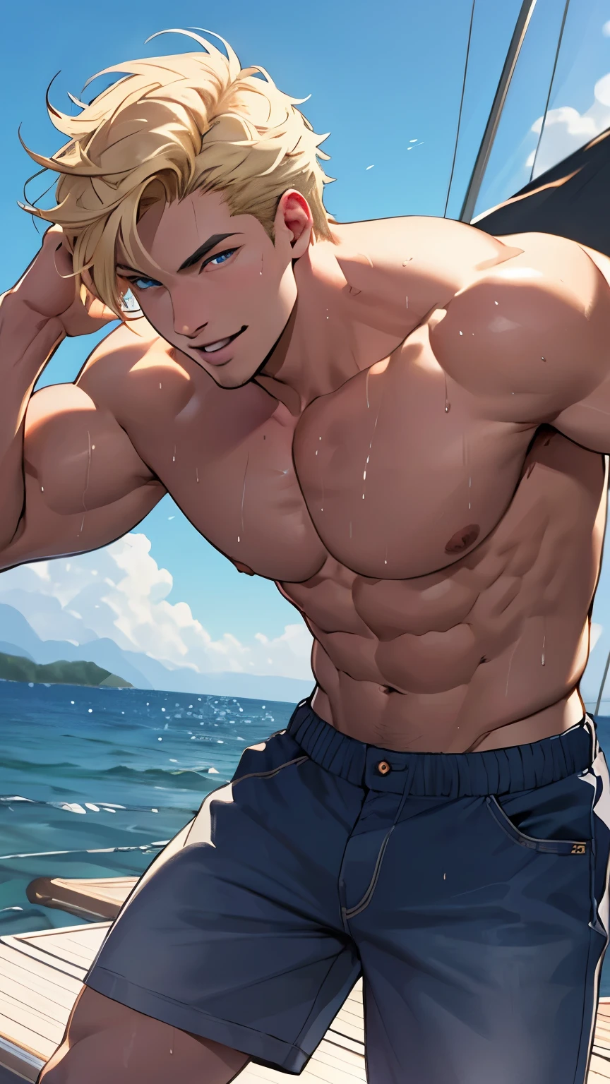 ((best quality)), ((Masterpiece)), (details), perfect face,high definition,Masterpiece,4k,details clearly,,,Handsome face,white skin,perfect body,male body,strong muscles,Abdomen muscles are wavy.,abdomen,blue eyes,white skin,The most handsome man in the world,handsome,,The coolest face,Male characters,Strong breasts,beautiful eyes,Look clearly...,short hair,Blonde hair,smile,happy face,kindness,perfect Body,Sixpack,Bright Skin,Healthy,shorts,Dark eyebrows,shirtless,Model,Bright lights,Posing,Happy,wet Skin,Yacht,on the Yacht,clear sky,Beautiful ocean,stand on boat,Spread your arms,The wind is blowing,relexing,Good lips,Full HD,beautiful light,Sun light,focus body,muscular,beautiful eyes