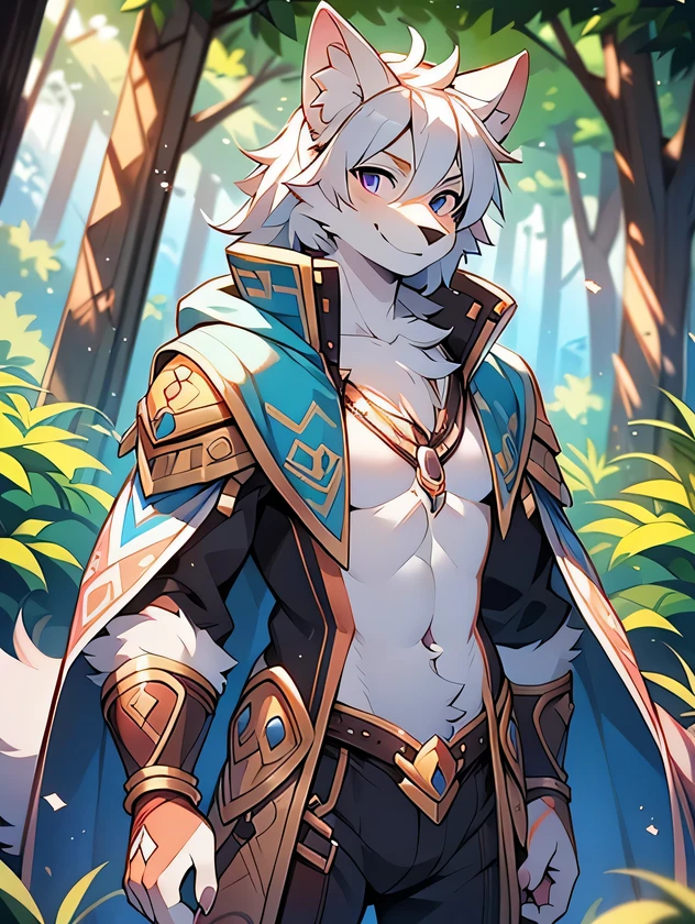 The male wolf is 180 cm tall，blue-purple eyes, short, silver hair，end,  The upper body shows off the perfect figure，Purple and gold clothes，With a smile，two small ears，Fair-skinned standing ，in the woods