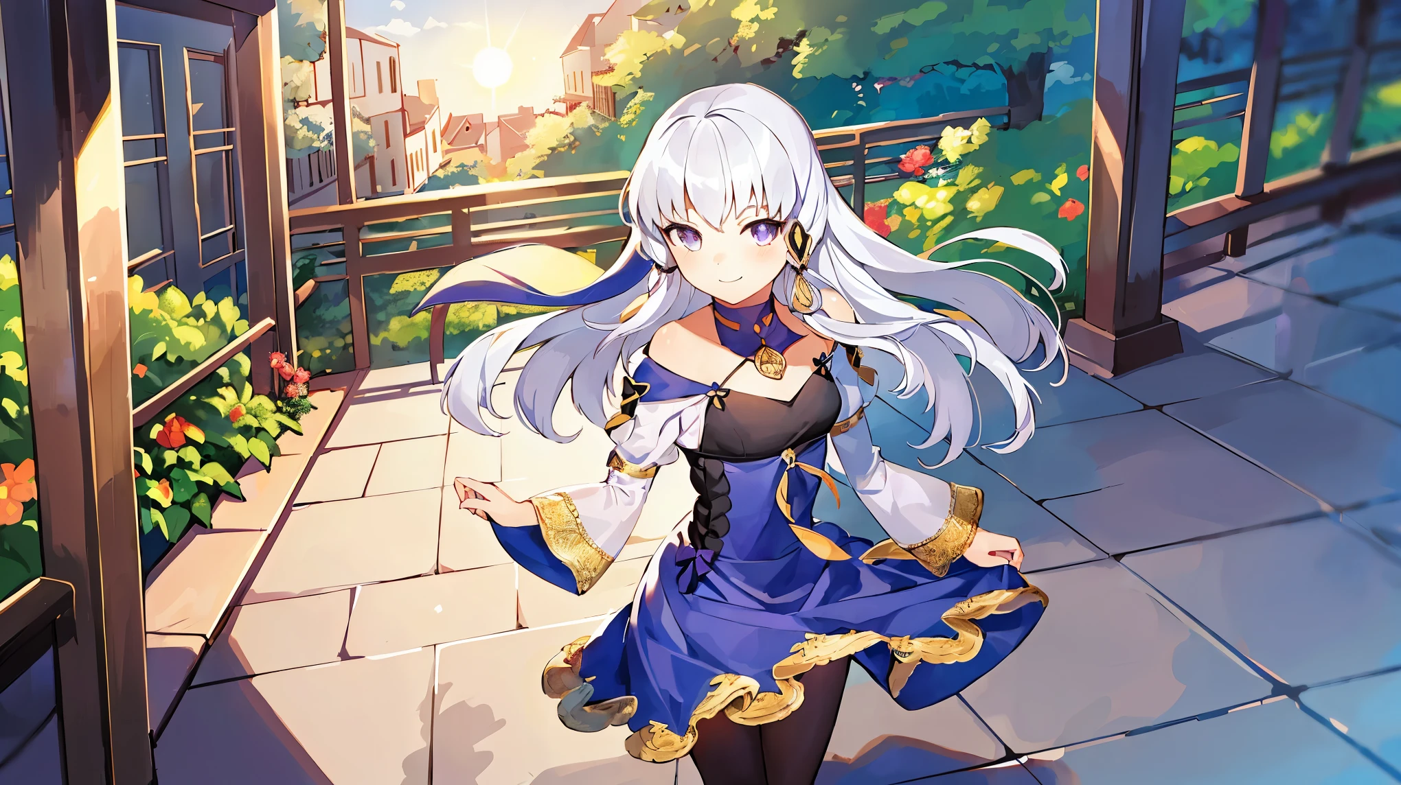 (ultra detailed),(masterpeace),(best quality),(photorealistic), beautiful lighting, CG,(colour:1.2),solo,outdoor,beach, standing,ajax,Light purple hair, red eyes,Two side up, long hair,white beret,sleeveless blouse,red skirt,black detached sleeves, long sleeves,(pantyhose:1.3),(high waist skirt),red corset,white capelet,,barrette,loafers,<lora:ajax_V3:1.1>