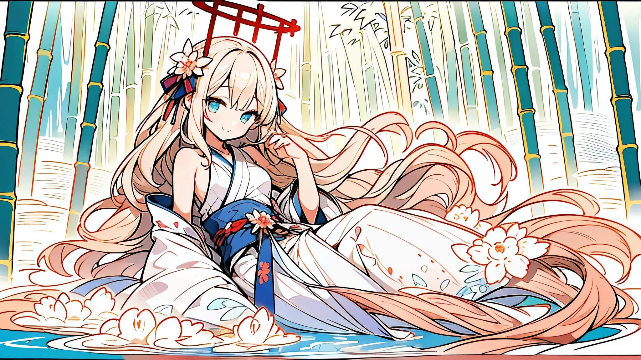masterpiece, best quality, official art, 8k wallpaper, Very detailed, illustration, 1 girl, Azure hair, long hair, delicate eyes, Forrest, bare shoulders, Hanfu,lake, pure, gentle smile,bamboo,Tea,red halo