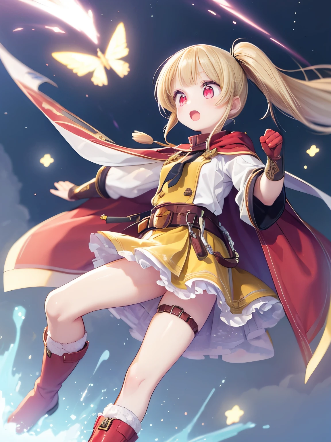 (masterpiece:1.2) , (best quality:1.2) , (ultra-detailed:1.2), 2.5D,extremely detailed,anime,girl,blonde hair,side ponytail,BREAK,red eyes,BREAK,A hero of justice, wearing a white cape, red gloves, red boots, a black belt, a yellow costume, and a bald head, shouting a war cry