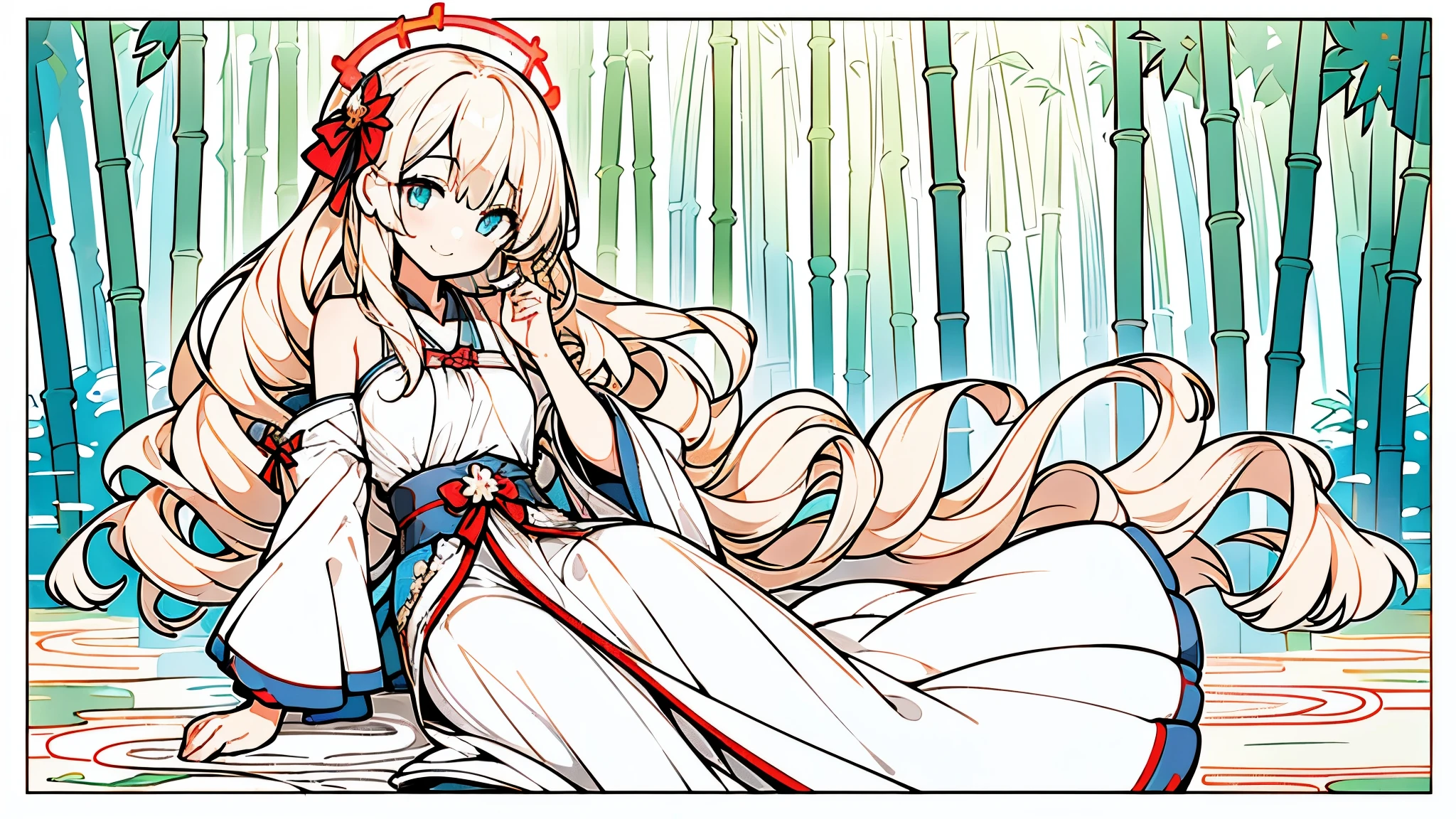 masterpiece, best quality, official art, 8k wallpaper, Very detailed, illustration, 1 girl, Azure hair, long hair, delicate eyes, Forrest, bare shoulders, Hanfu,lake, pure, gentle smile,bamboo,Tea,red halo
