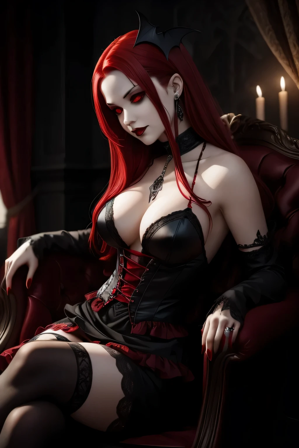 "seductive female vampire with gothic attire, blood red hair, and vampire fangs stained with blood."