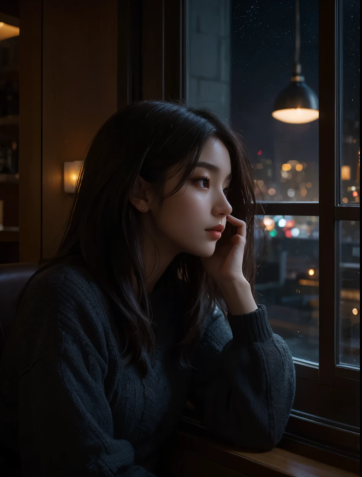 The time is night. A beautiful woman sits by the window in a restaurant and looks out the window. Twenty years old. Dark brown hair. There is a view of the suburbs outside the window. The woman looks a little lonely. Upper body close-up image.