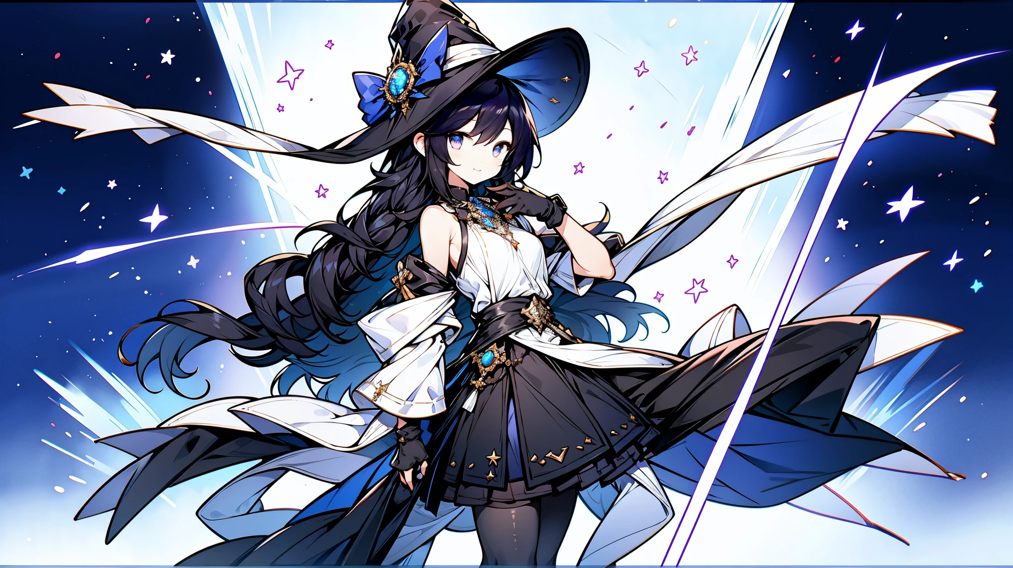 1 girl, solo, flute, black eyes, white shirt, long black hair, looking at the audience, light particles, Close your mouth and smile, starry sky, Wizard hat, sleeveless, bare shoulders, through bangs, View from the side,( She was wearing a black hooded trench coat,There's fluff on it), head tilt,pantyhose, nipple tassel,rosette, Gloves, Beautiful and delicate eyes, detailed background,Black stockings