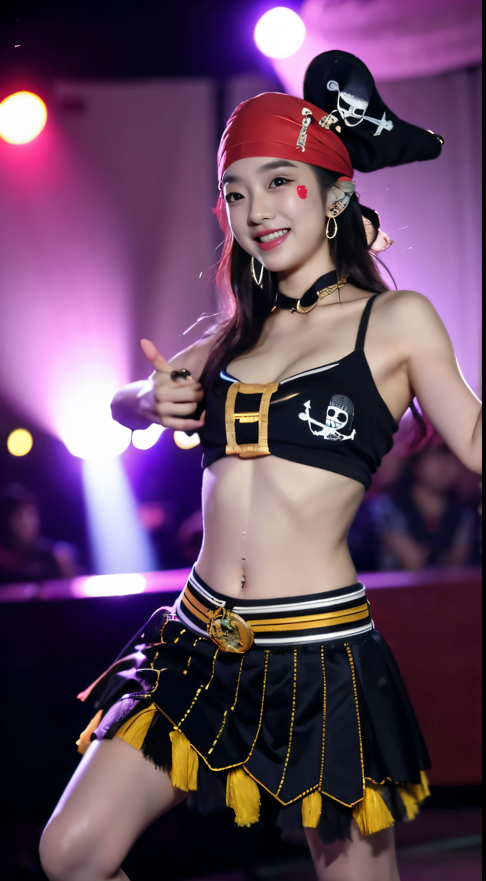 ((masterpiece、highest quality))、shape、Ultra detailed 8K、realistic、sharp focus、very detailed、professional lighting、colorful details、detailed face、detailed expression、Euphoric look、((Precise finger drawing))、((please open your mouth))、((sweating))、((pirate costume:1.３)、super cute woman、Part of an idol group、(((dancing at a concert:1.5)))、Hair is moving、looking at camera、Spotlight、18-year-old、shine、intricate details、Shitsumeka、1 A girl is in front of the audience..、belly button、smile