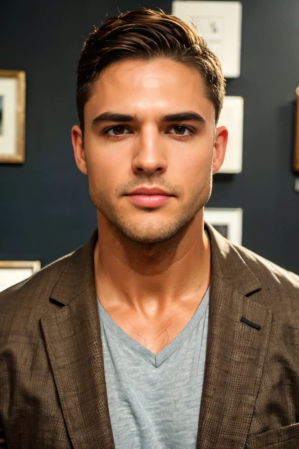 an attractive man of fifty with short brown hair thick eyebrows gray eyes without a beard square face with a sad expression in a brown jacket and a black t-shirt stands in a museum