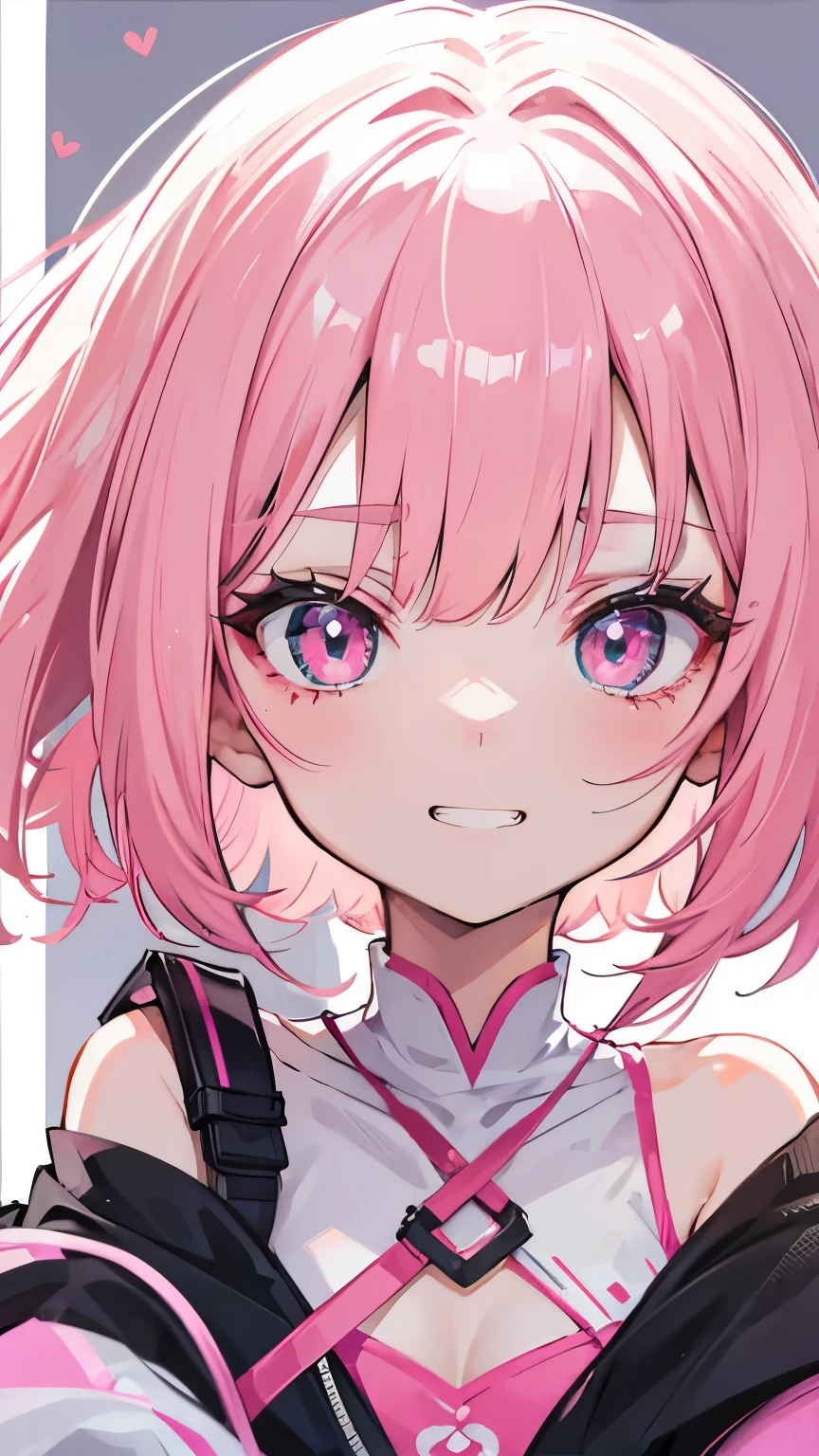 extreme close up face, Short off-shoulder hair in pink and white,Dignified and wonderful Girl, in a game center, grin