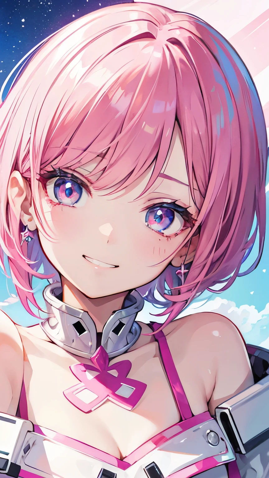 extreme close up face, Short off-shoulder hair in pink and white,Dignified and wonderful Girl, in galaxy, grin