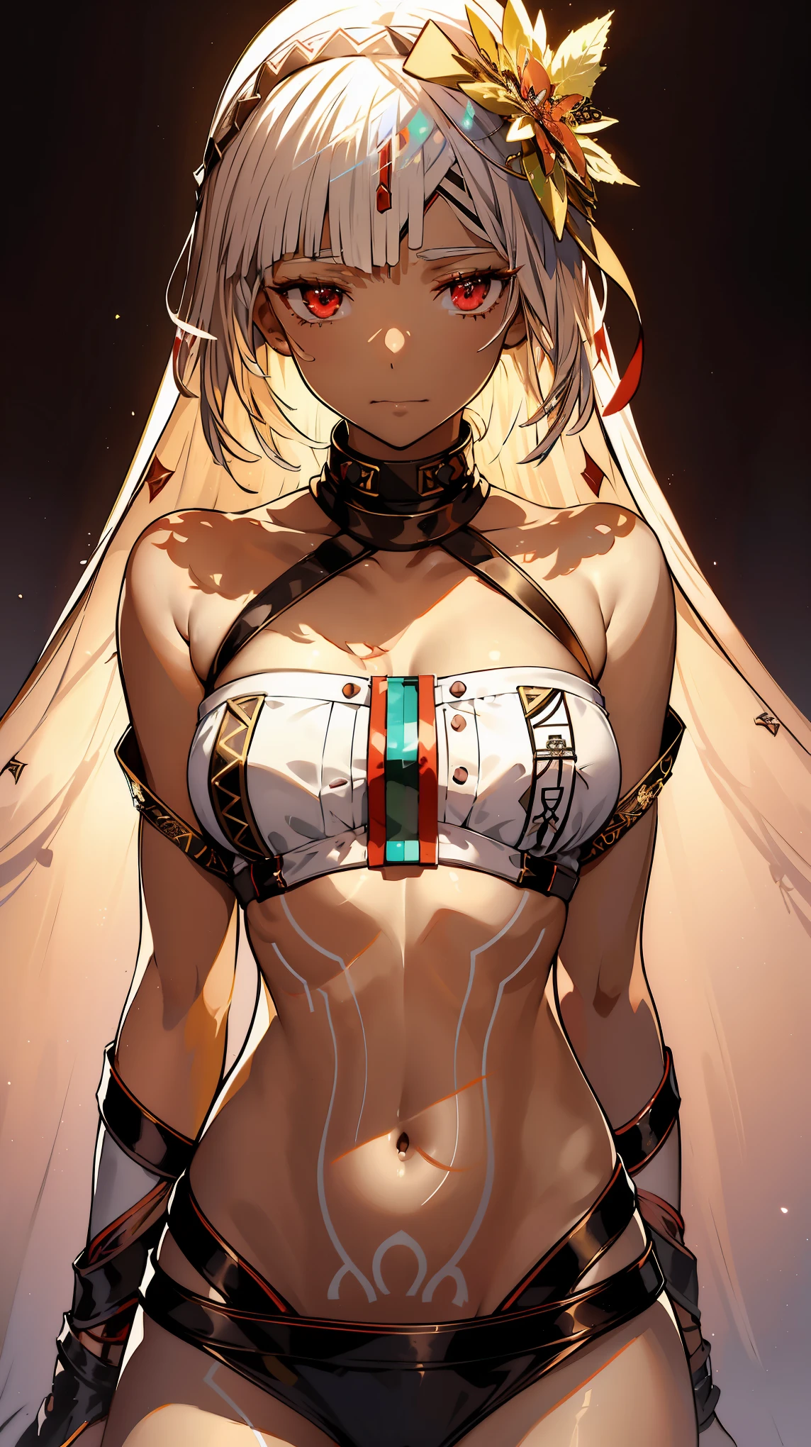 (intenseglare),Altera(Fate Grand Order), brown skin, glowing_eyes,master piece, best quality, official art, 8k wallpaper, highly detailed, illustration, beautiful eyes,soft smile, ink wash painting,small breasts, 1 girl,(upper body), realistic,red eyes,