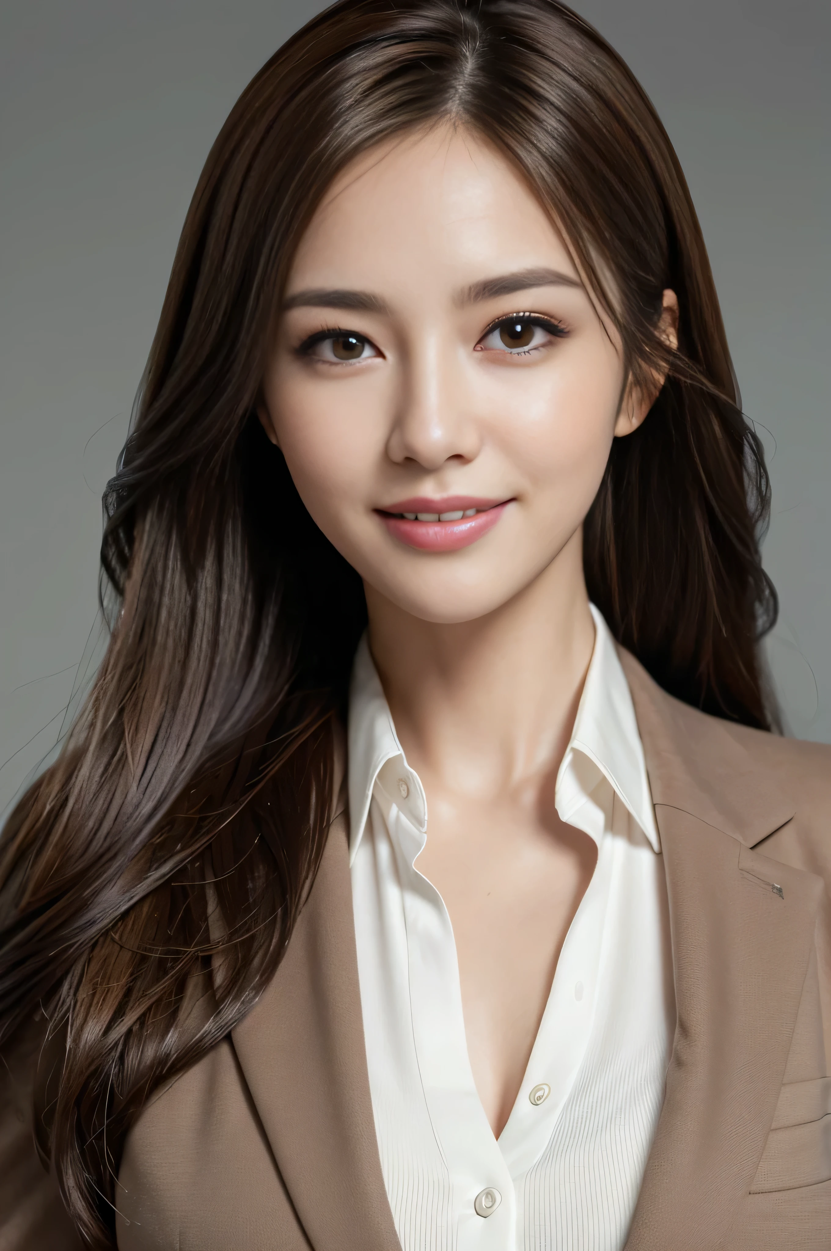 masutepiece, Best Quality, Photorealistic, Ultra-detailed, finely detail, High resolution, 8K Wallpaper, 1 beautiful woman,, light brown messy hair, in a business suit, sharp focus, Perfect dynamic composition, Beautiful detailed eyes, detailed hairs, Detailed realistic skin texture, Smiling, Close-up portrait, Model body type