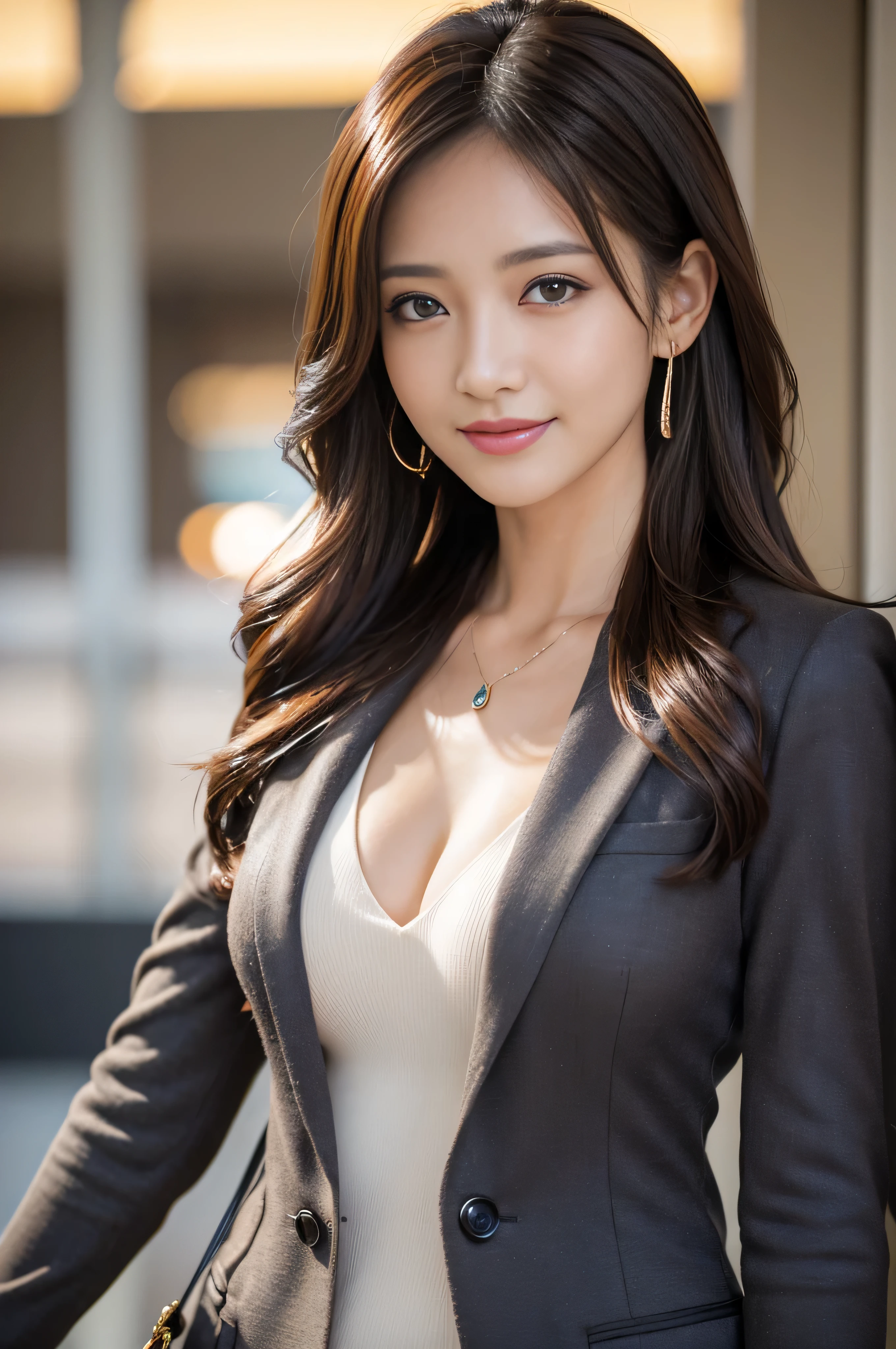 masutepiece, Best Quality, Photorealistic, Ultra-detailed, finely detail, High resolution, 8K Wallpaper, 1 beautiful woman,, light brown messy hair, in a business suit, sharp focus, Perfect dynamic composition, Beautiful detailed eyes, detailed hairs, Detailed realistic skin texture, Smiling, Close-up portrait, Model body type、((Super long brown hair:1.2))、((Hair with loose waves inside:1.2)),((shy smile:1.3)),((gold necklace＿Large earrings:1.2)),full body shot、(((full figure supermodel standing, full body shot, entire body in frame))), 