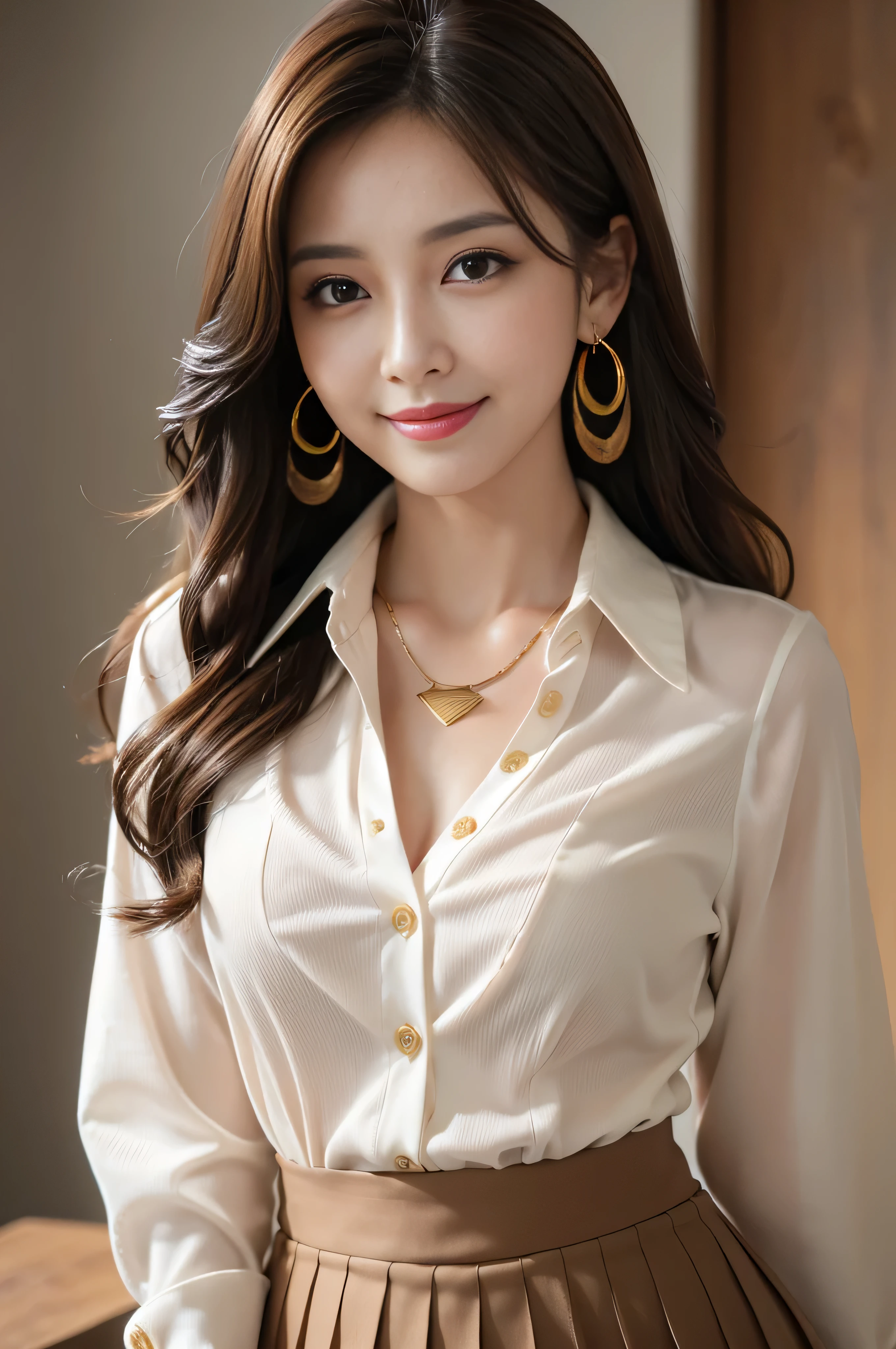 masutepiece, Best Quality, Photorealistic, Ultra-detailed, finely detail, High resolution, 8K Wallpaper, 1 beautiful woman,, light brown messy hair, in a business suit, sharp focus, Perfect dynamic composition, Beautiful detailed eyes, detailed hairs, Detailed realistic skin texture, Smiling, Close-up portrait, Model body type、((Super long brown hair:1.2))、((Hair with loose waves inside:1.2)),((shy smile:1.3)),((gold necklace＿Large earrings:1.2)),full body shot、(((full figure supermodel standing, full body shot, entire body in frame))),((white long sleeve button up blouse_with collar_Remove up to the second button＿brown pleated mini skirt:1.3)),