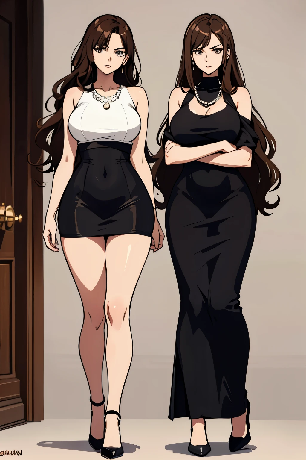 brown hair,Tall women,Royal sister,modern,fashionable,Sexy,Wear black high heels,one piece bodycon skirt,pearl necklace,Light brown wavy hair,stand,Show legs,bare shoulders,Show arms,whole body,blank background