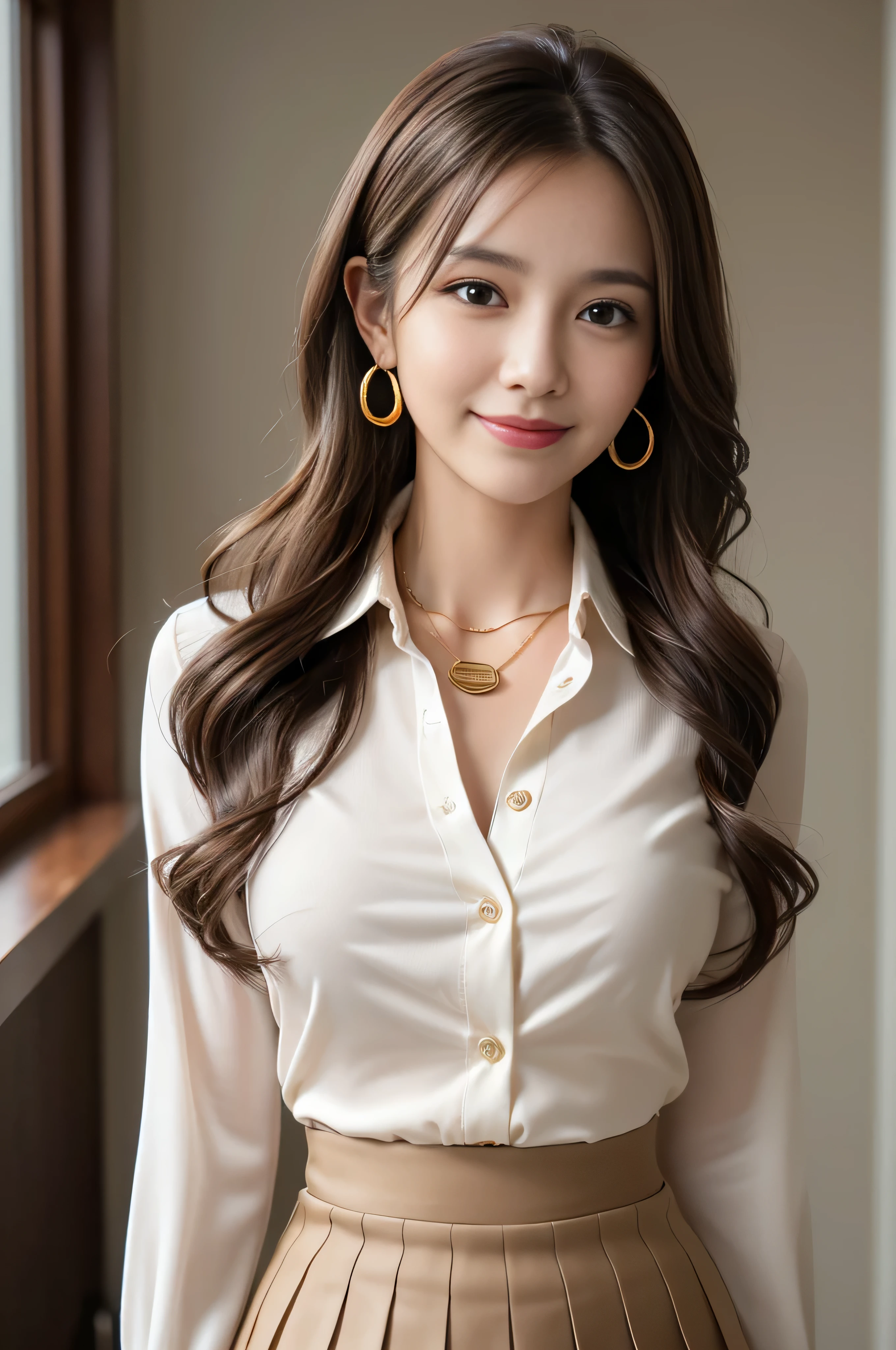 masutepiece, Best Quality, Photorealistic, Ultra-detailed, finely detail, High resolution, 8K Wallpaper, 1 beautiful woman,, light brown messy hair, in a business suit, sharp focus, Perfect dynamic composition, Beautiful detailed eyes, detailed hairs, Detailed realistic skin texture, Smiling, Close-up portrait, Model body type、((Super long brown hair:1.2))、((Hair with loose waves inside:1.2)),((shy smile:1.3)),((gold necklace_Large earrings:1.2)),full body shot、(((full figure supermodel standing, full body shot, entire body in frame))),((white long sleeve button up blouse_with collar_Remove up to the second button_brown pleated mini skirt:1.3)),